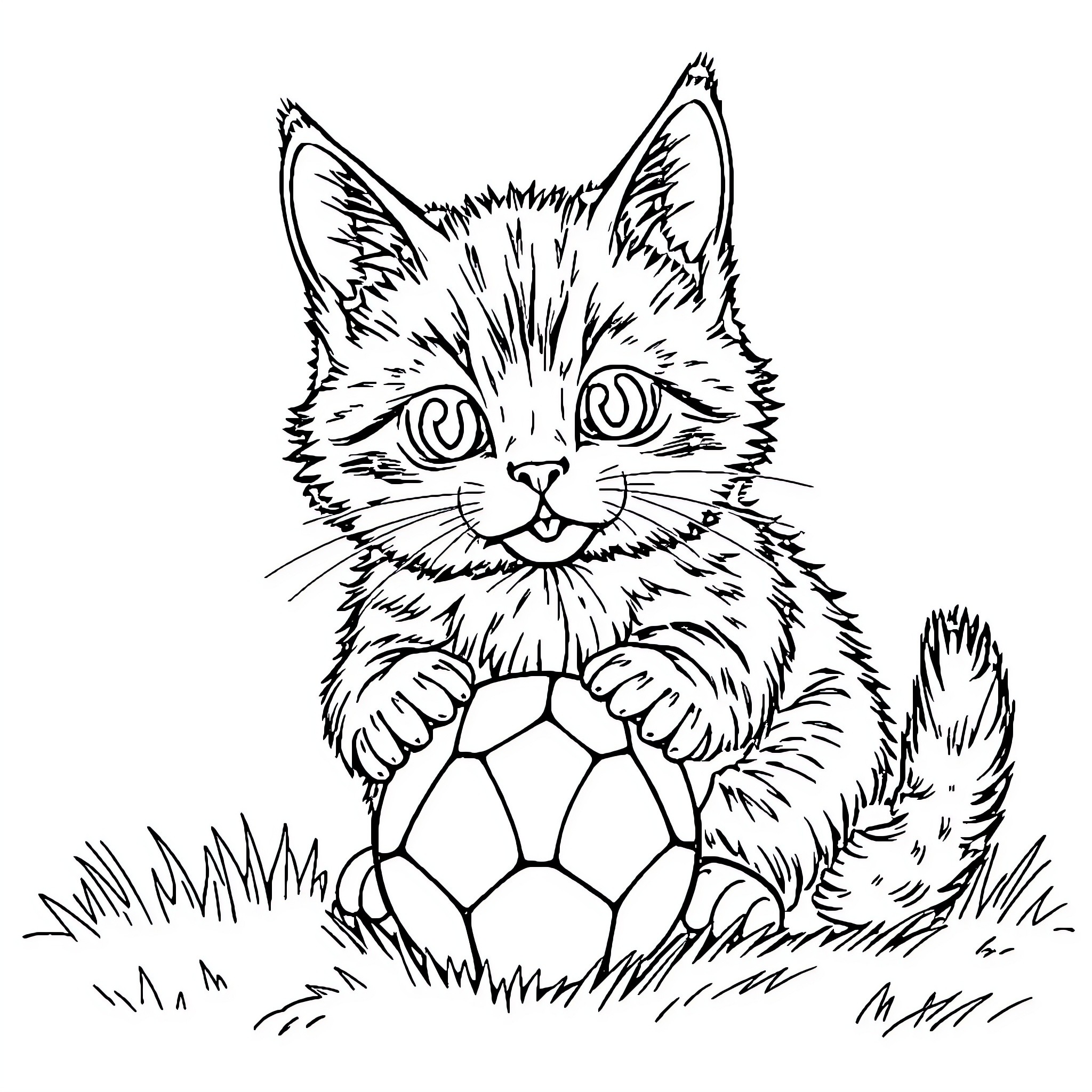 Cat playing with soccer ball in grass Coloring Page (free black-and-white line drawing printable PDF for all, from beginners to advanced learners, including children, teens, adults, and seniors)