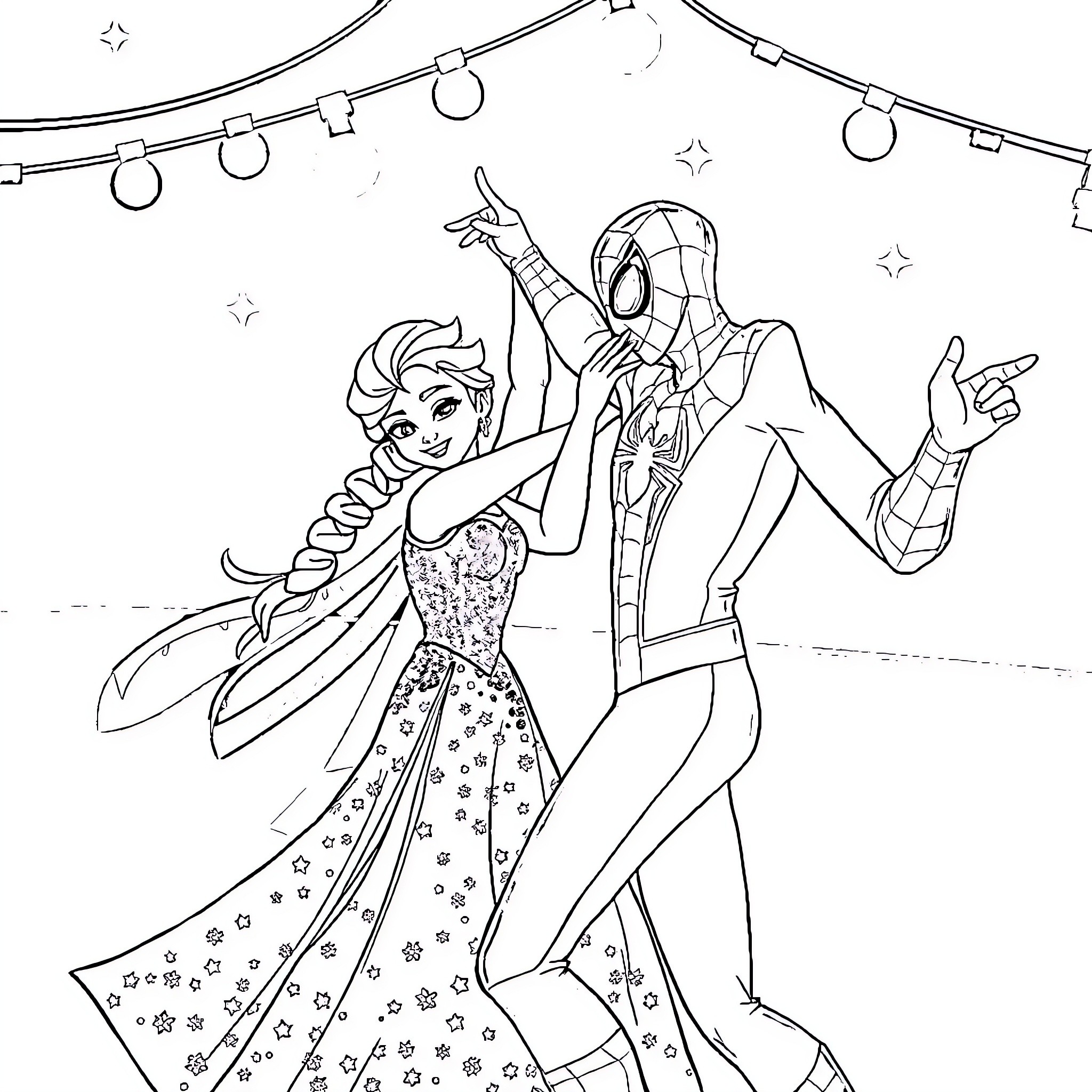 Elsa and Spider-Man Enjoying a Festive Dance Coloring Page (free black-and-white line drawing printable PDF for all, from beginners to advanced learners, including children, teens, adults, and seniors)