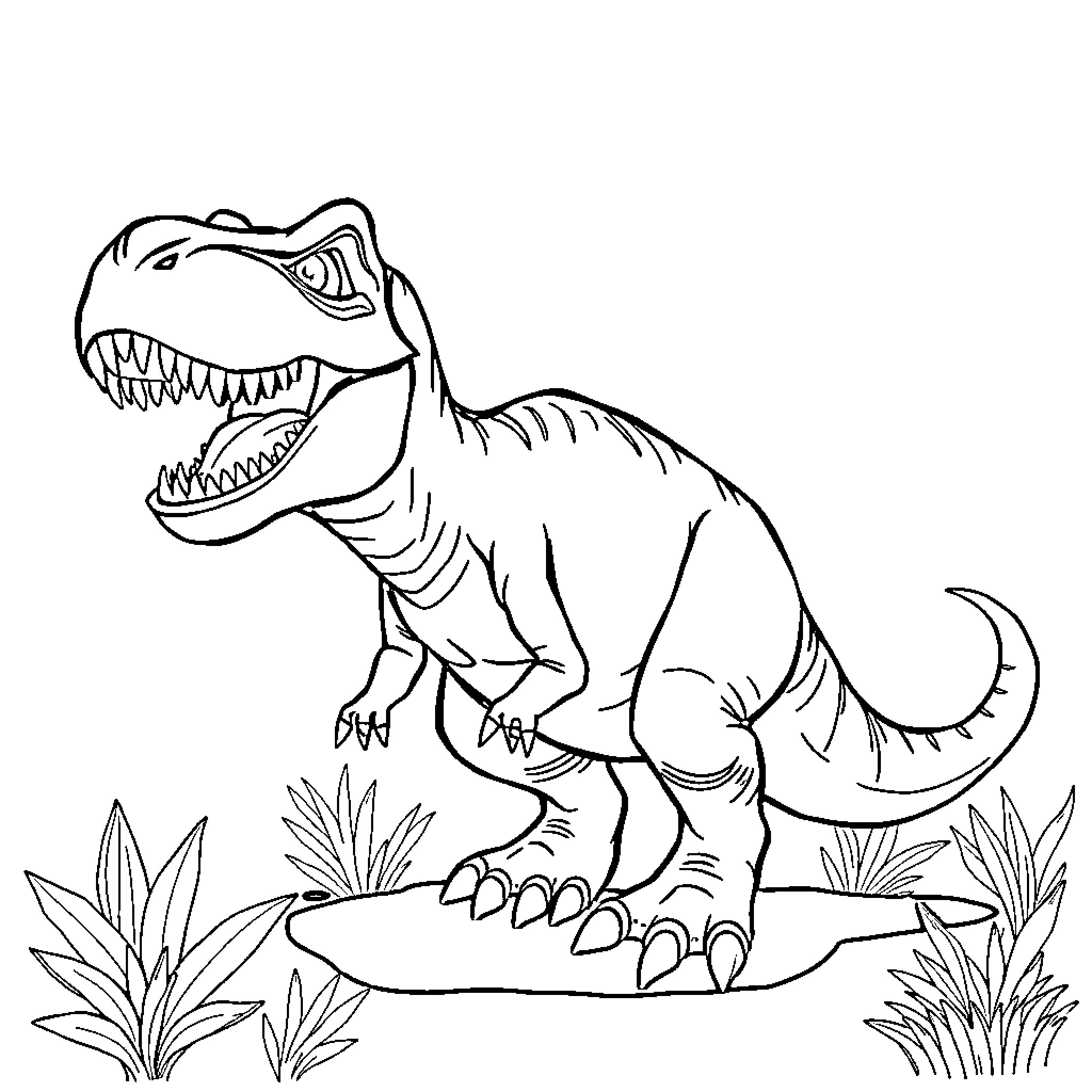 Dinosaur roaring in prehistoric landscape Coloring Page (free black-and-white line drawing printable PDF for all, from beginners to advanced learners, including children, teens, adults, and seniors)