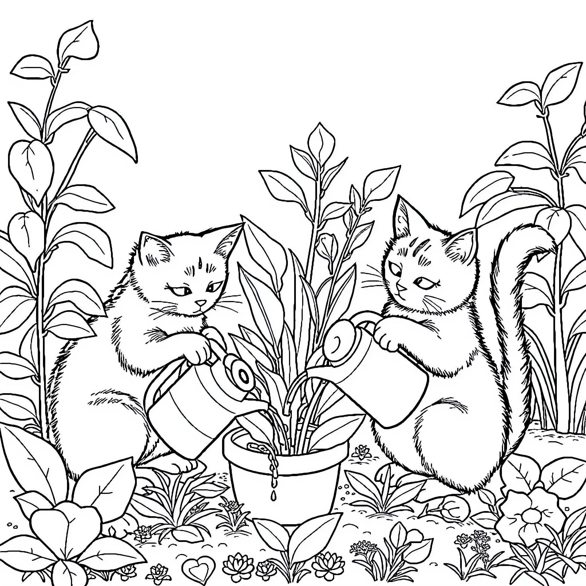 Cats tending to garden plants in a floral scene Coloring Page (free black-and-white line drawing printable PDF for all, from beginners to advanced learners, including children, teens, adults, and seniors)