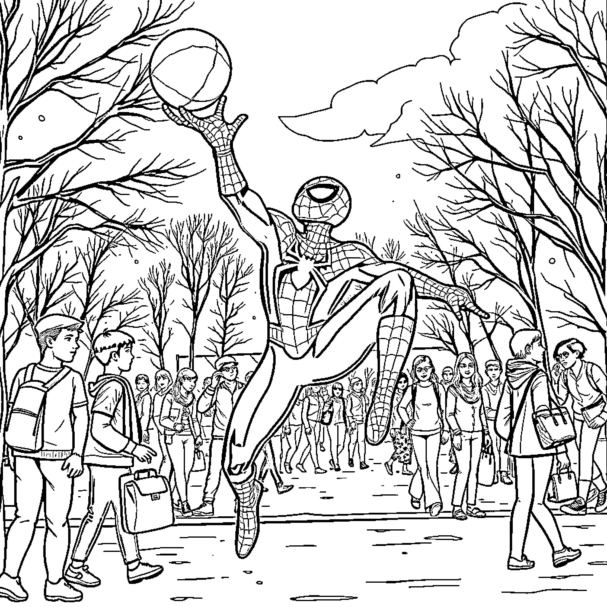 Spiderman swings heroically through the city streets Coloring Page (free black-and-white line drawing printable PDF for all, from beginners to advanced learners, including children, teens, adults, and seniors)
