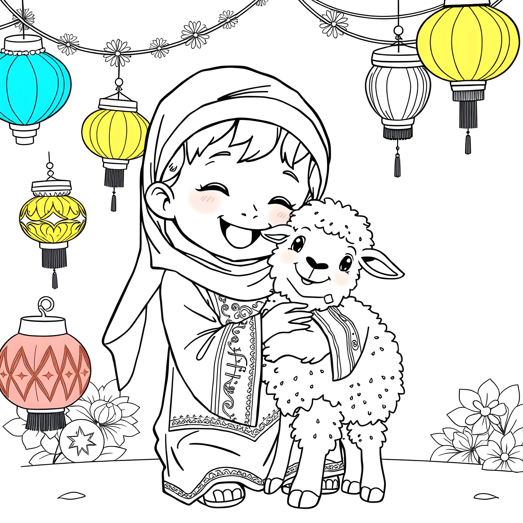 Child with cute pet lamb under decorative lanterns Coloring Page (free black-and-white line drawing printable PDF for all, from beginners to advanced learners, including children, teens, adults, and seniors)