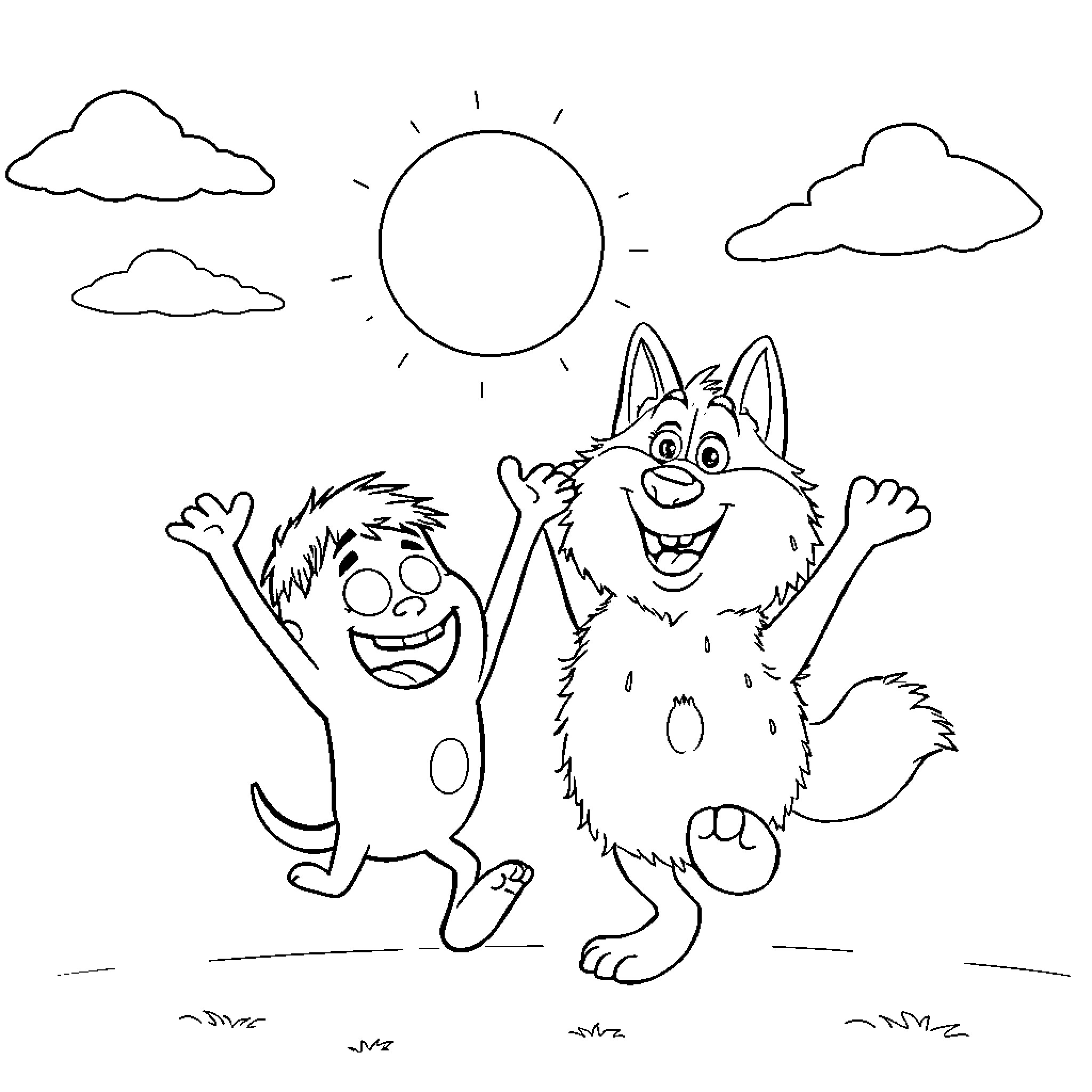 Boo, two happy creatures playing under the sun Coloring Page (free black-and-white line drawing printable PDF for all, from beginners to advanced learners, including children, teens, adults, and seniors)