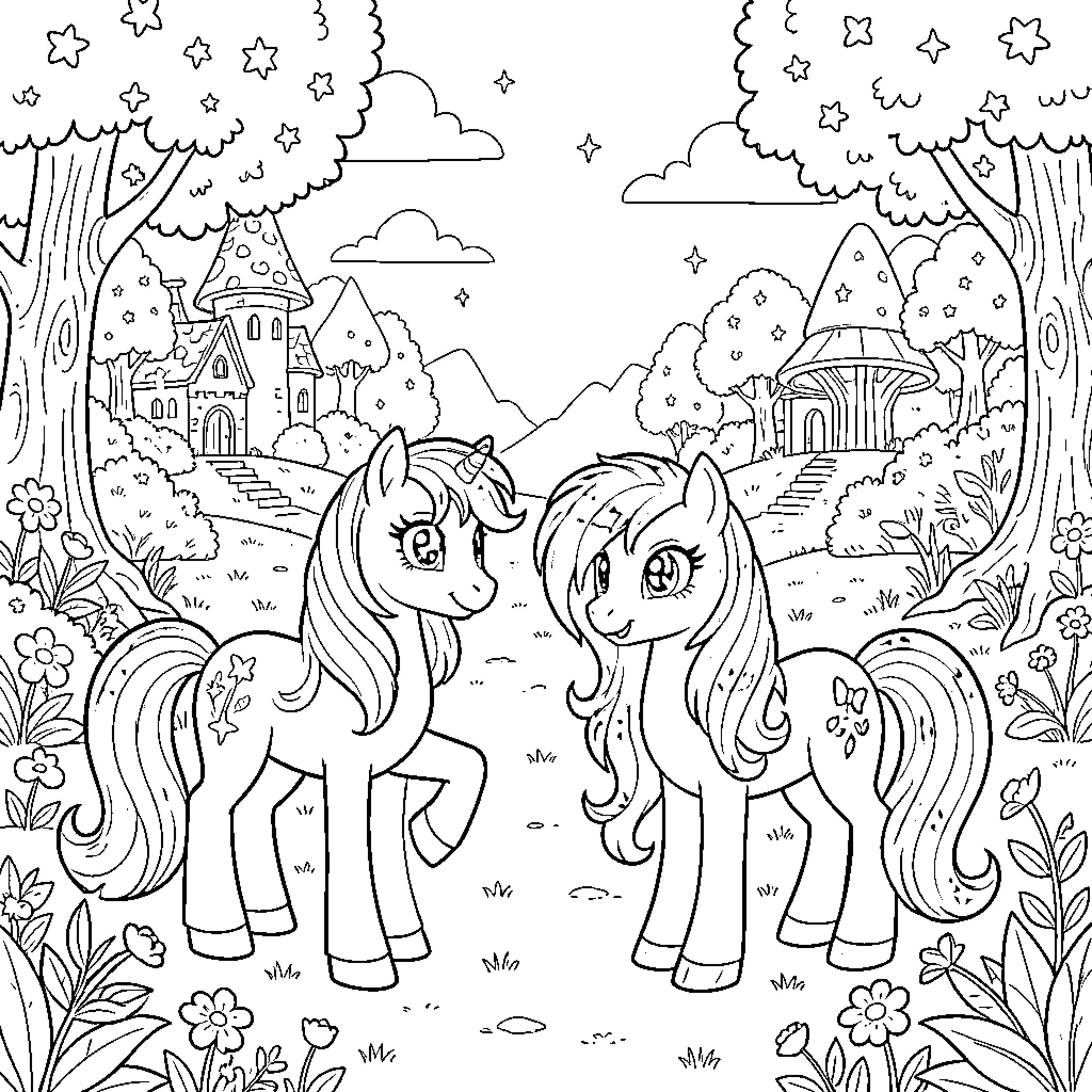 Pony Friends in Enchanted Forest Coloring Page (free black-and-white line drawing printable PDF for all, from beginners to advanced learners, including children, teens, adults, and seniors)
