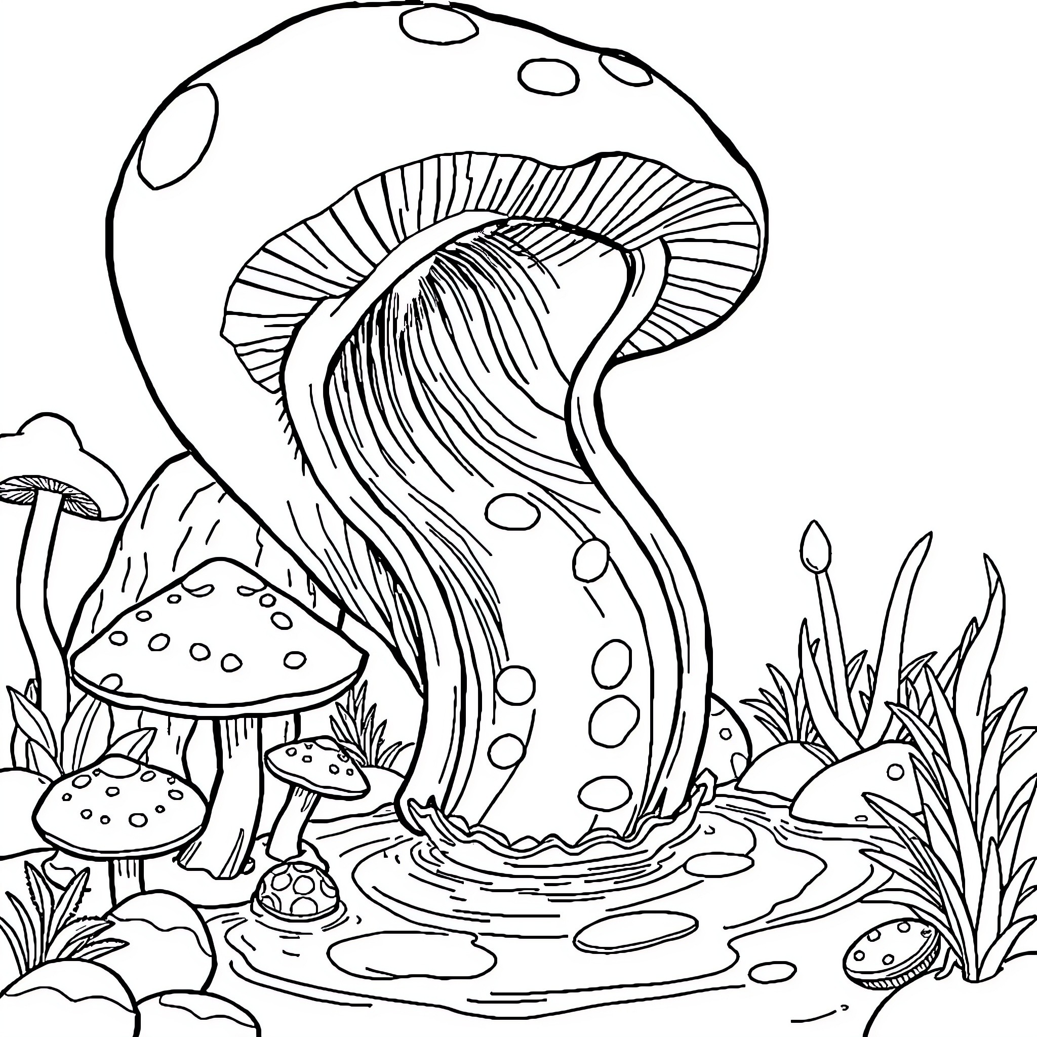 Mushroom creatures dancing in enchanted forest Coloring Page (free black-and-white line drawing printable PDF for all, from beginners to advanced learners, including children, teens, adults, and seniors)