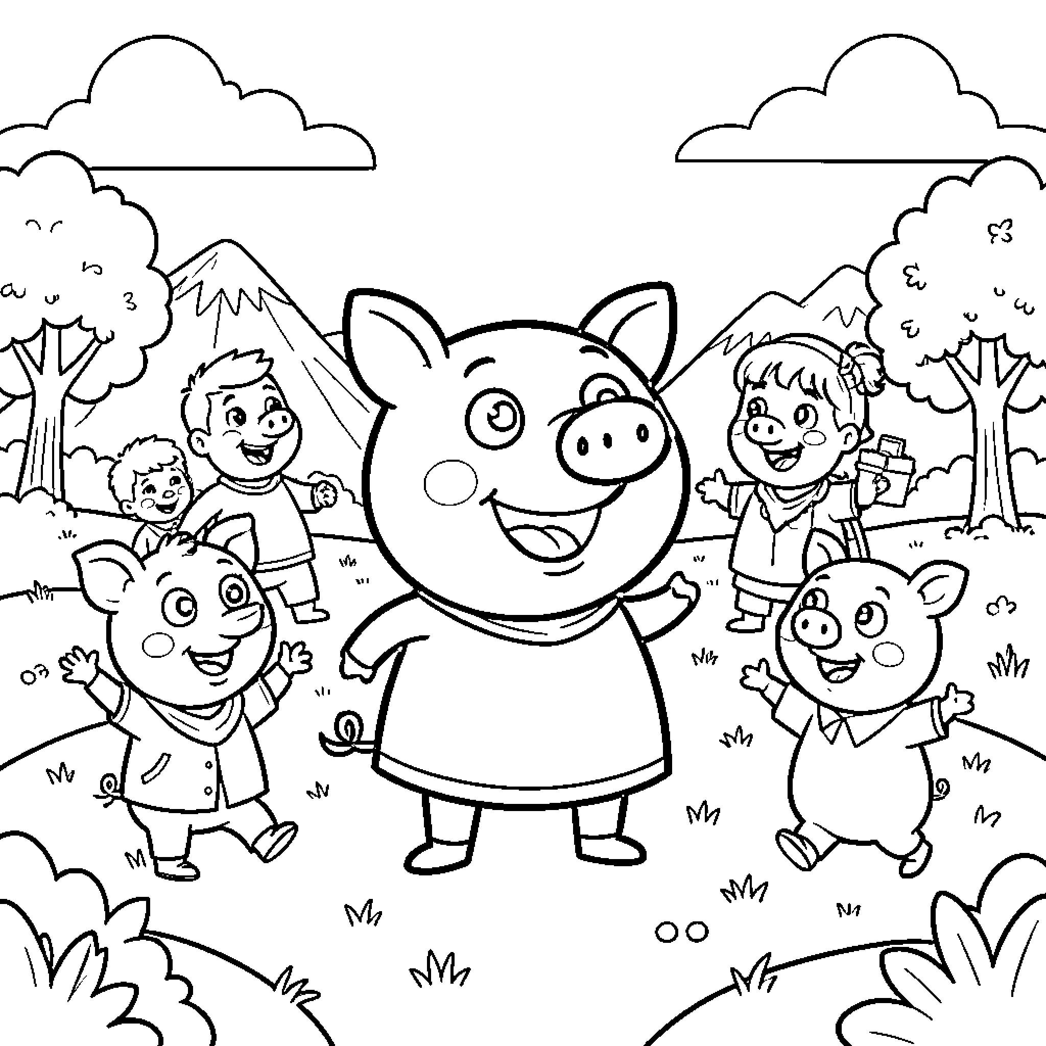 Peppa Pig and friends playing happily in a field Coloring Page (free black-and-white line drawing printable PDF for all, from beginners to advanced learners, including children, teens, adults, and seniors)