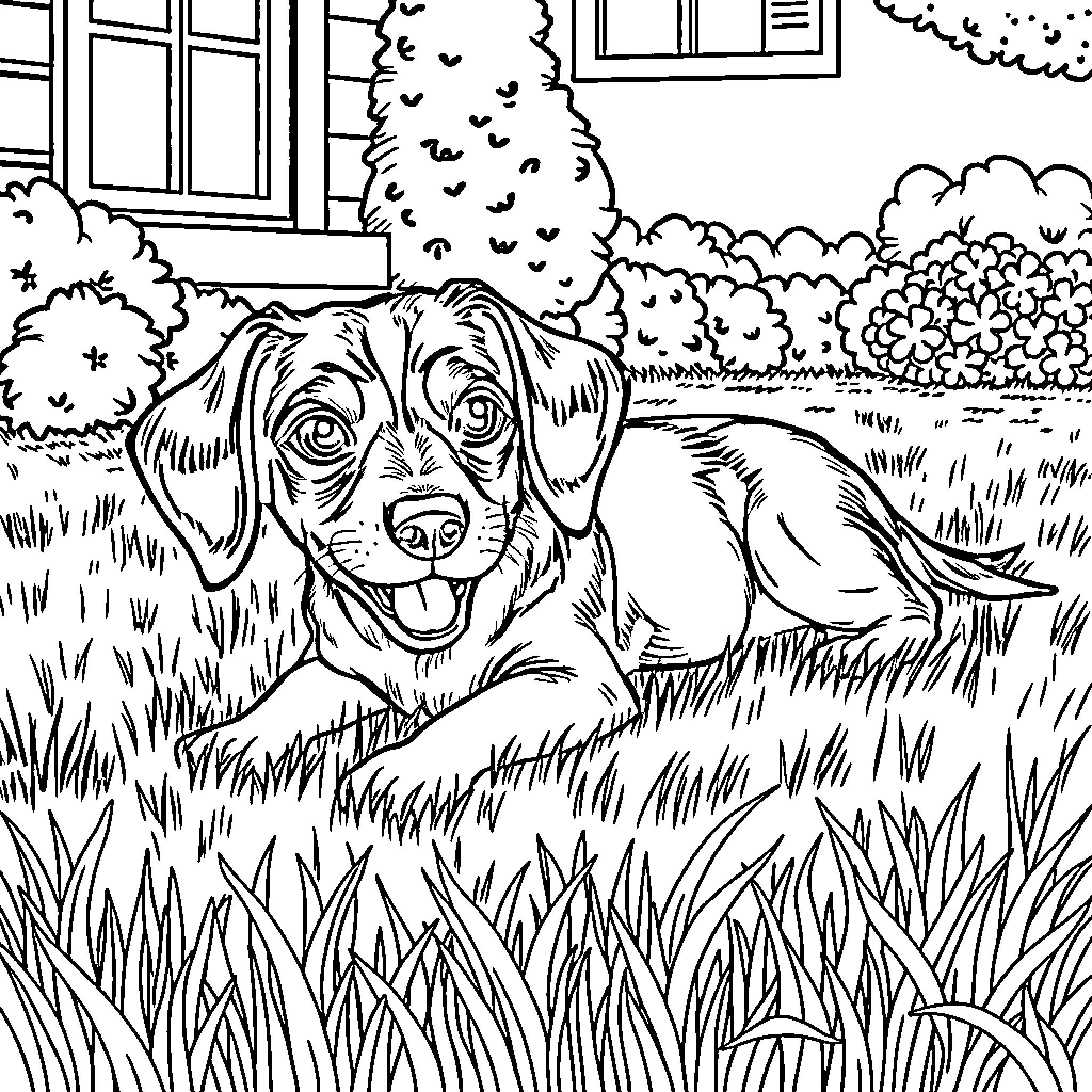 Dachshund playing happily in the backyard Coloring Page (free black-and-white line drawing printable PDF for all, from beginners to advanced learners, including children, teens, adults, and seniors)