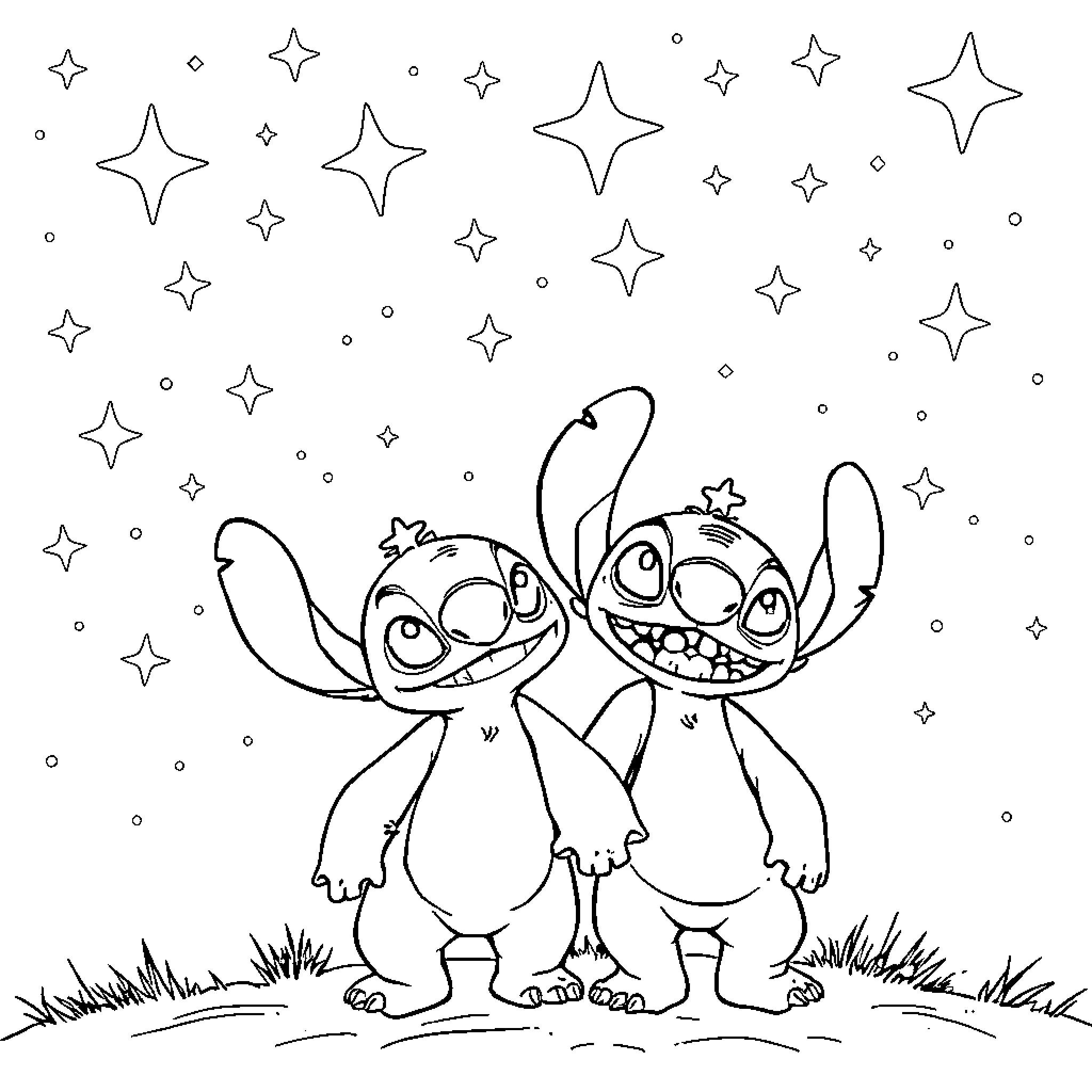 Lilo And Stitch playing under the starry sky Coloring Page (free black-and-white line drawing printable PDF for all, from beginners to advanced learners, including children, teens, adults, and seniors)
