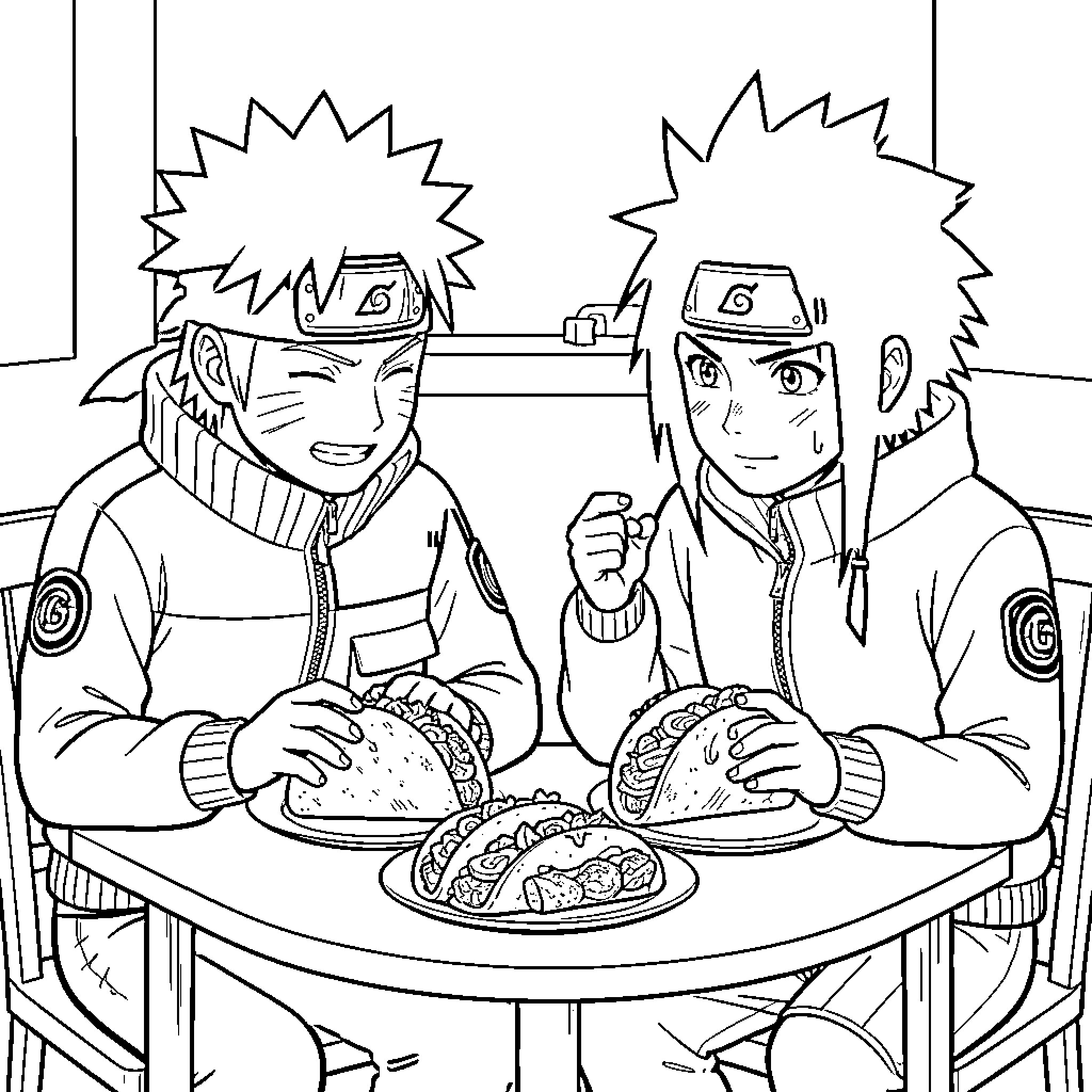 Naruto and companion eating tacos at a table Coloring Page (free black-and-white line drawing printable PDF for all, from beginners to advanced learners, including children, teens, adults, and seniors)