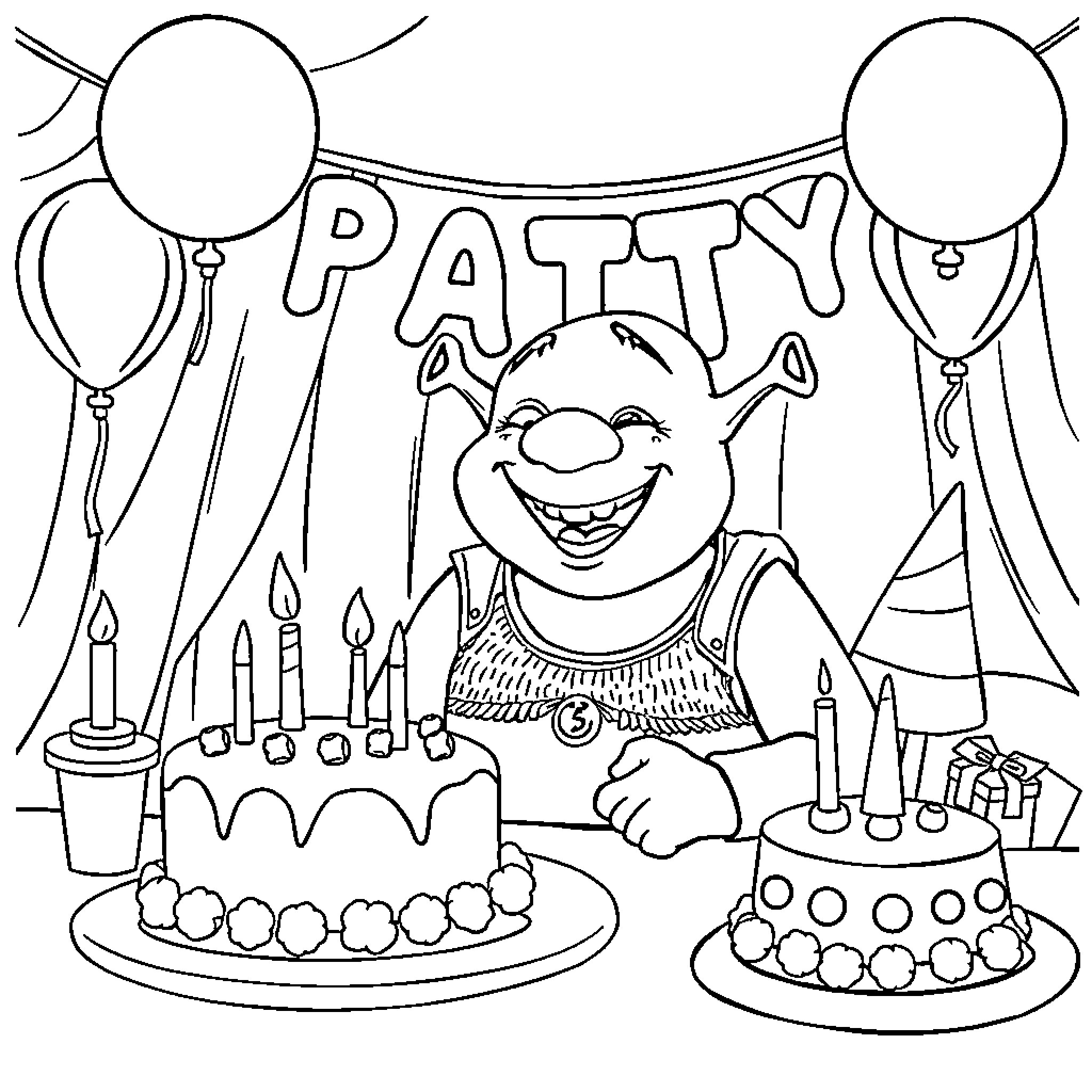 Shrek's Joyful Birthday Party Coloring Page (free black-and-white line drawing printable PDF for all, from beginners to advanced learners, including children, teens, adults, and seniors)
