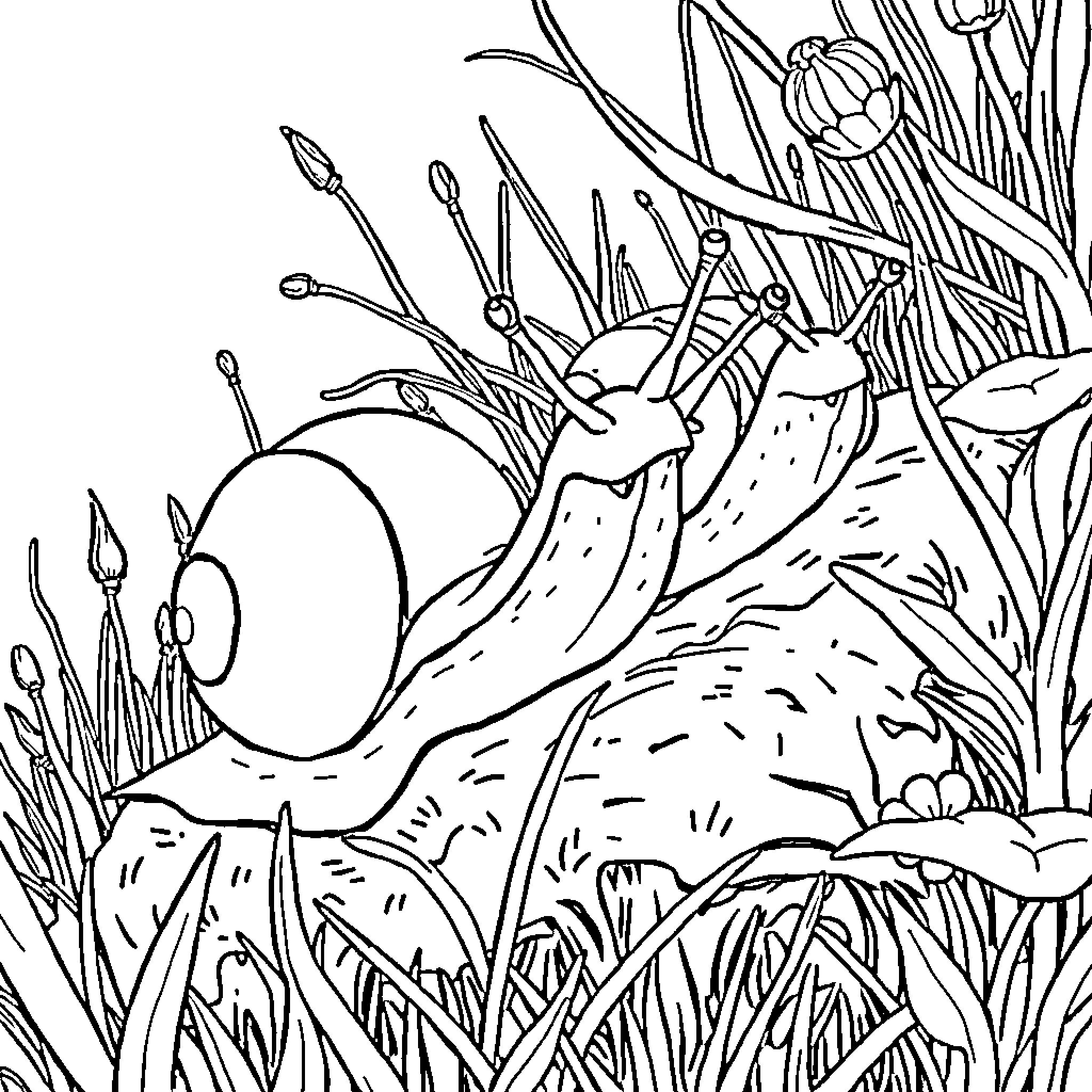 Escargot slithering through a lush garden Coloring Page (free black-and-white line drawing printable PDF for all, from beginners to advanced learners, including children, teens, adults, and seniors)