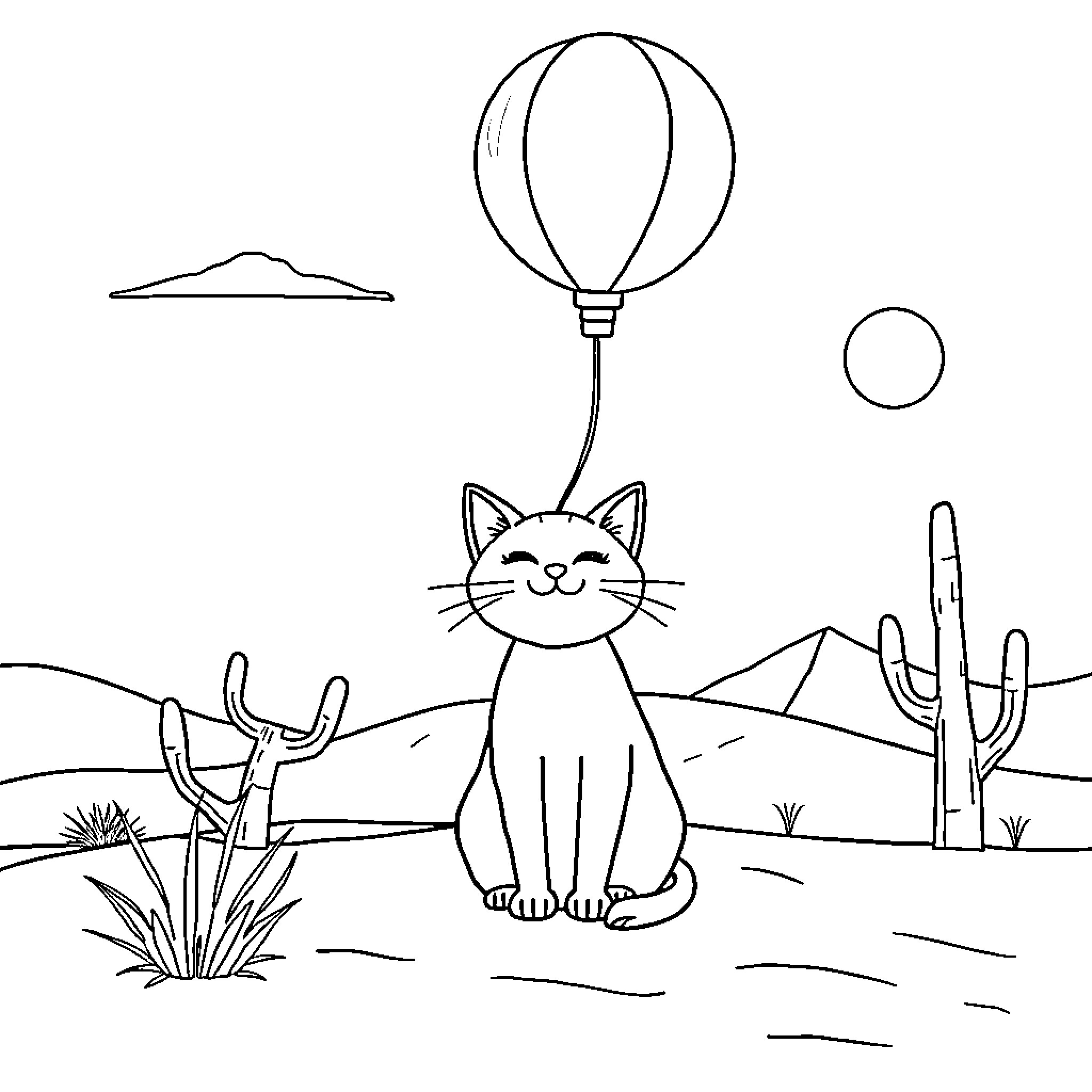 Cat enjoying a hot air balloon ride in the desert Coloring Page (free black-and-white line drawing printable PDF for all, from beginners to advanced learners, including children, teens, adults, and seniors)