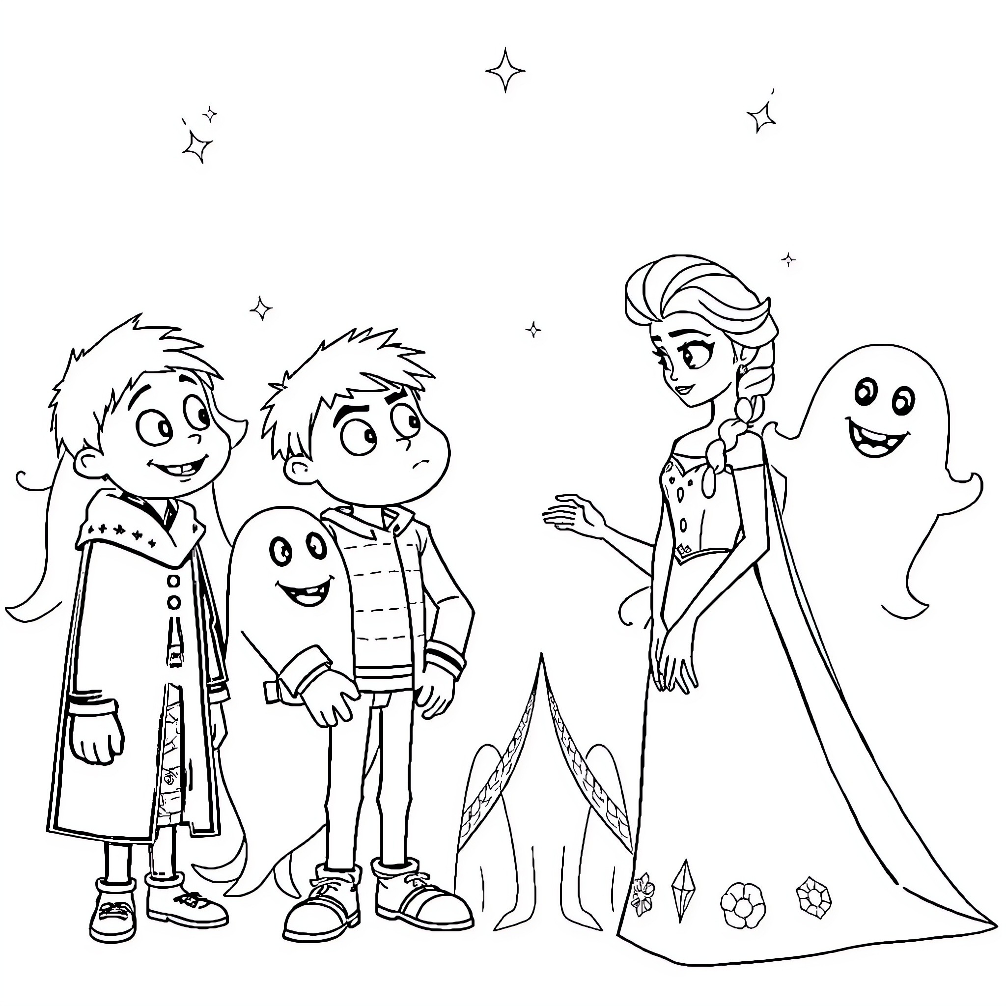 Character Playful Interaction with Fantastical Figures Coloring Page (free black-and-white line drawing printable PDF for all, from beginners to advanced learners, including children, teens, adults, and seniors)