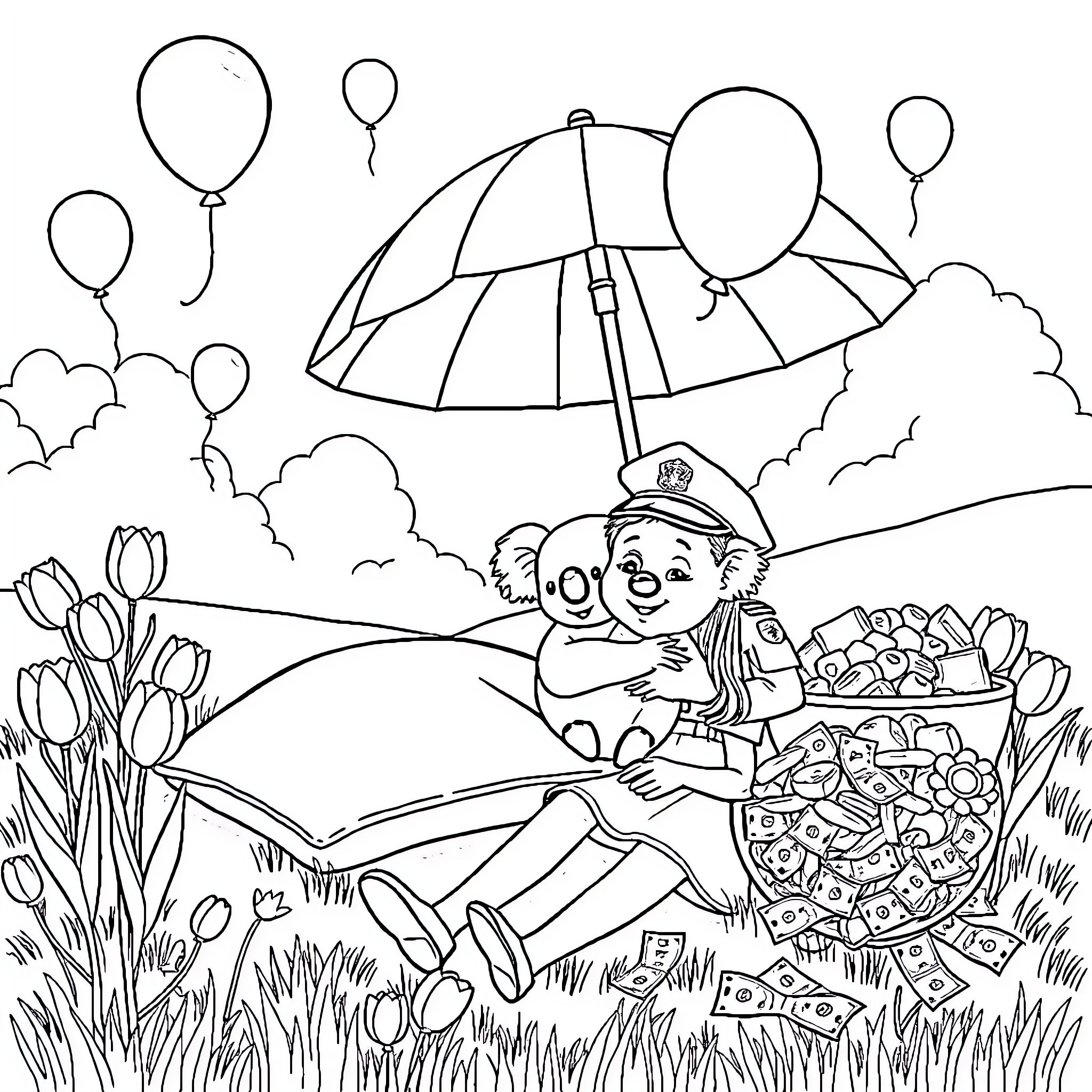 Koala enjoying a picnic with balloons on a sunny day Coloring Page (free black-and-white line drawing printable PDF for all, from beginners to advanced learners, including children, teens, adults, and seniors)