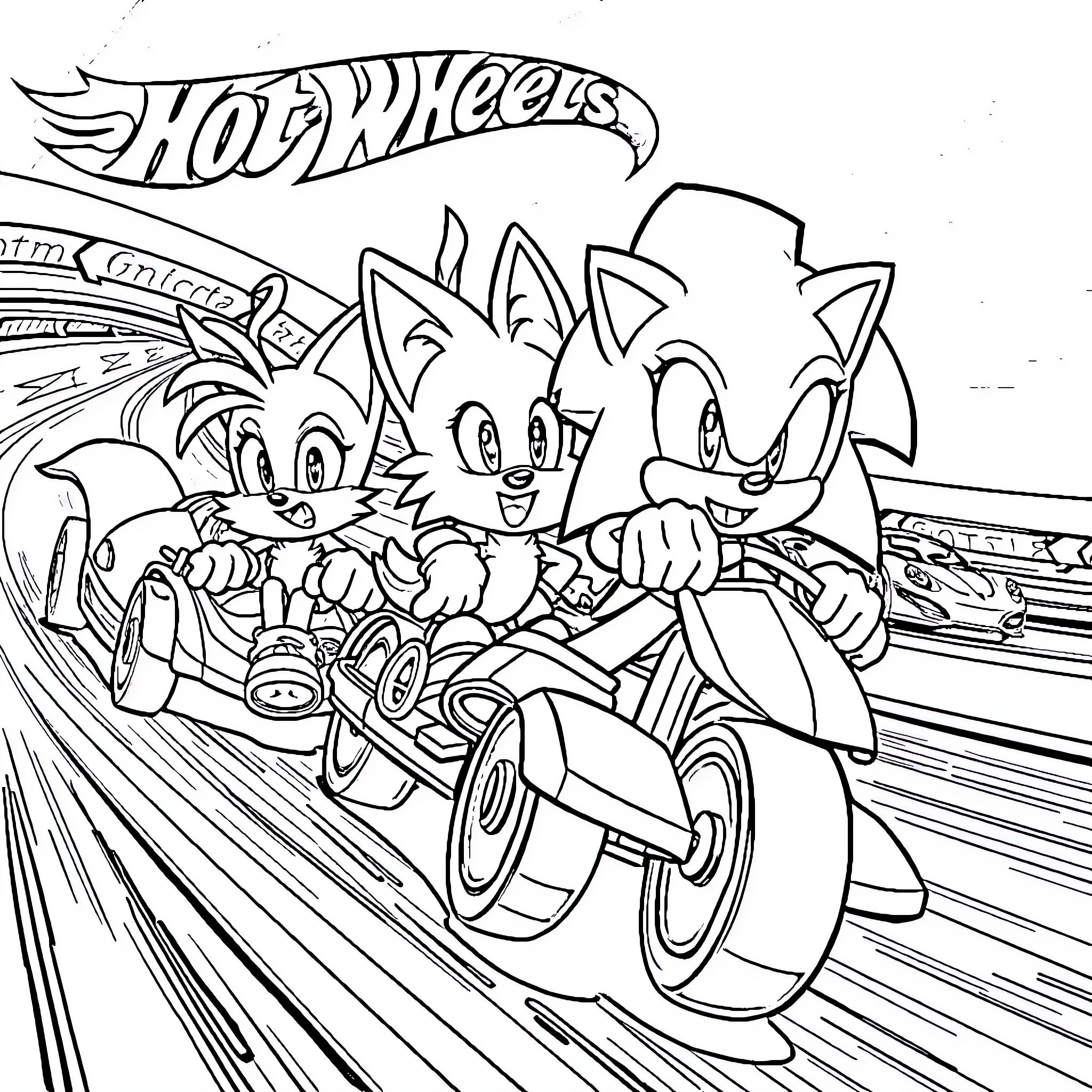 Sonic characters racing on Hot Wheels track Coloring Page (free black-and-white line drawing printable PDF for all, from beginners to advanced learners, including children, teens, adults, and seniors)