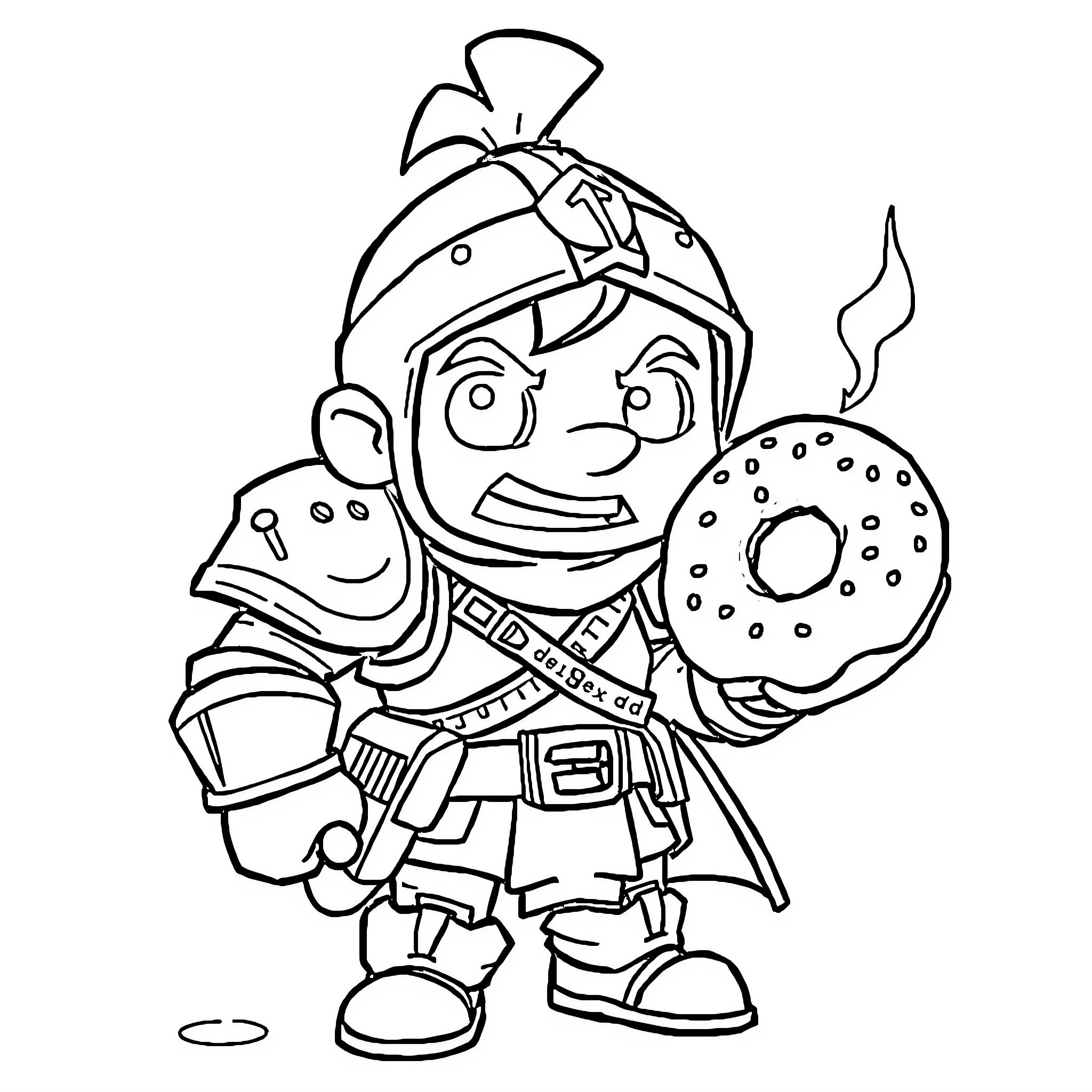 Dungeon Crawler Adventurer with Donut Shield Coloring Page (free black-and-white line drawing printable PDF for all, from beginners to advanced learners, including children, teens, adults, and seniors)