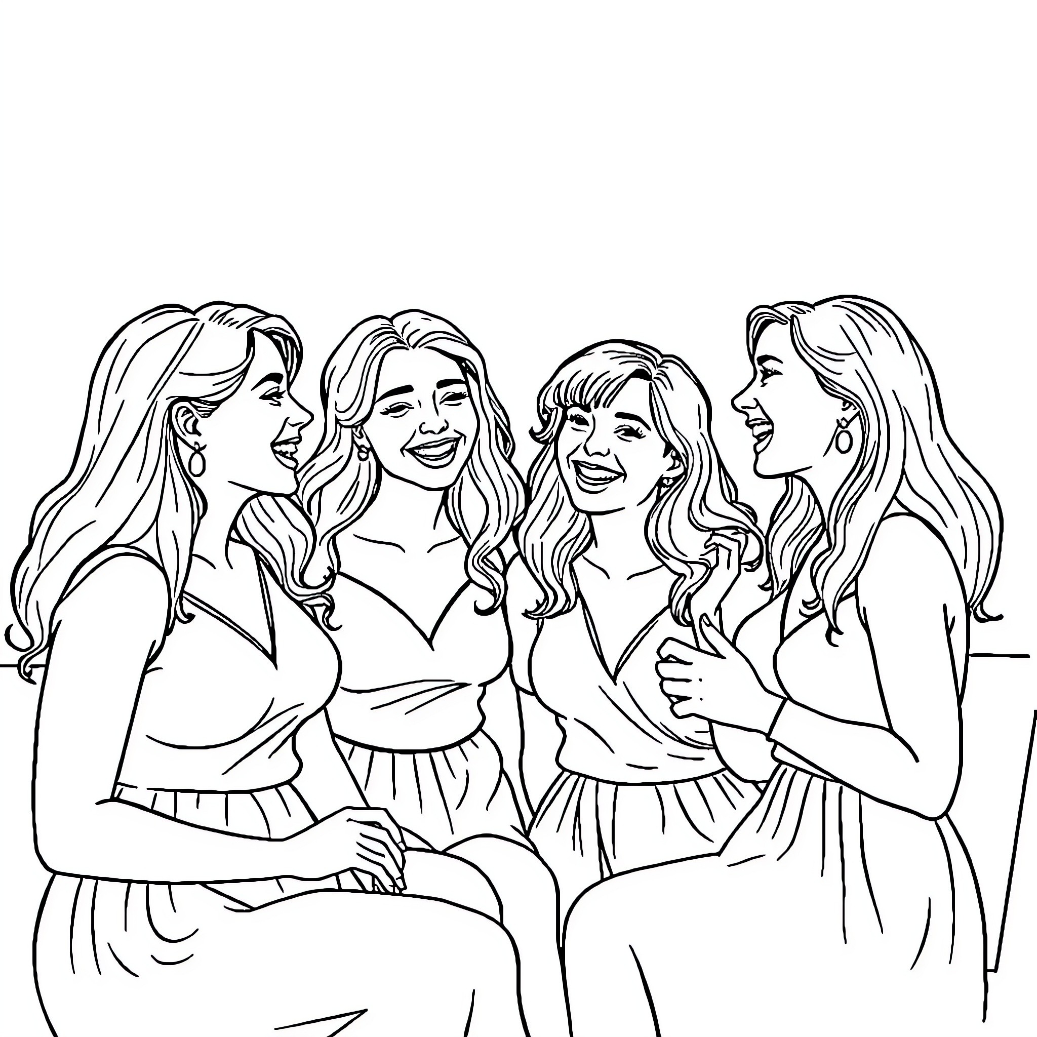 Women enjoying a joyful conversation together Coloring Page (free black-and-white line drawing printable PDF for all, from beginners to advanced learners, including children, teens, adults, and seniors)