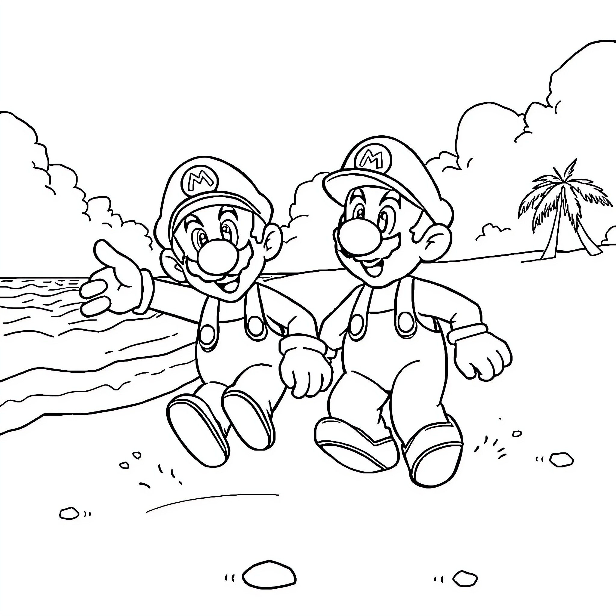Mario and Luigi enjoying a tropical vacation Coloring Page (free black-and-white line drawing printable PDF for all, from beginners to advanced learners, including children, teens, adults, and seniors)