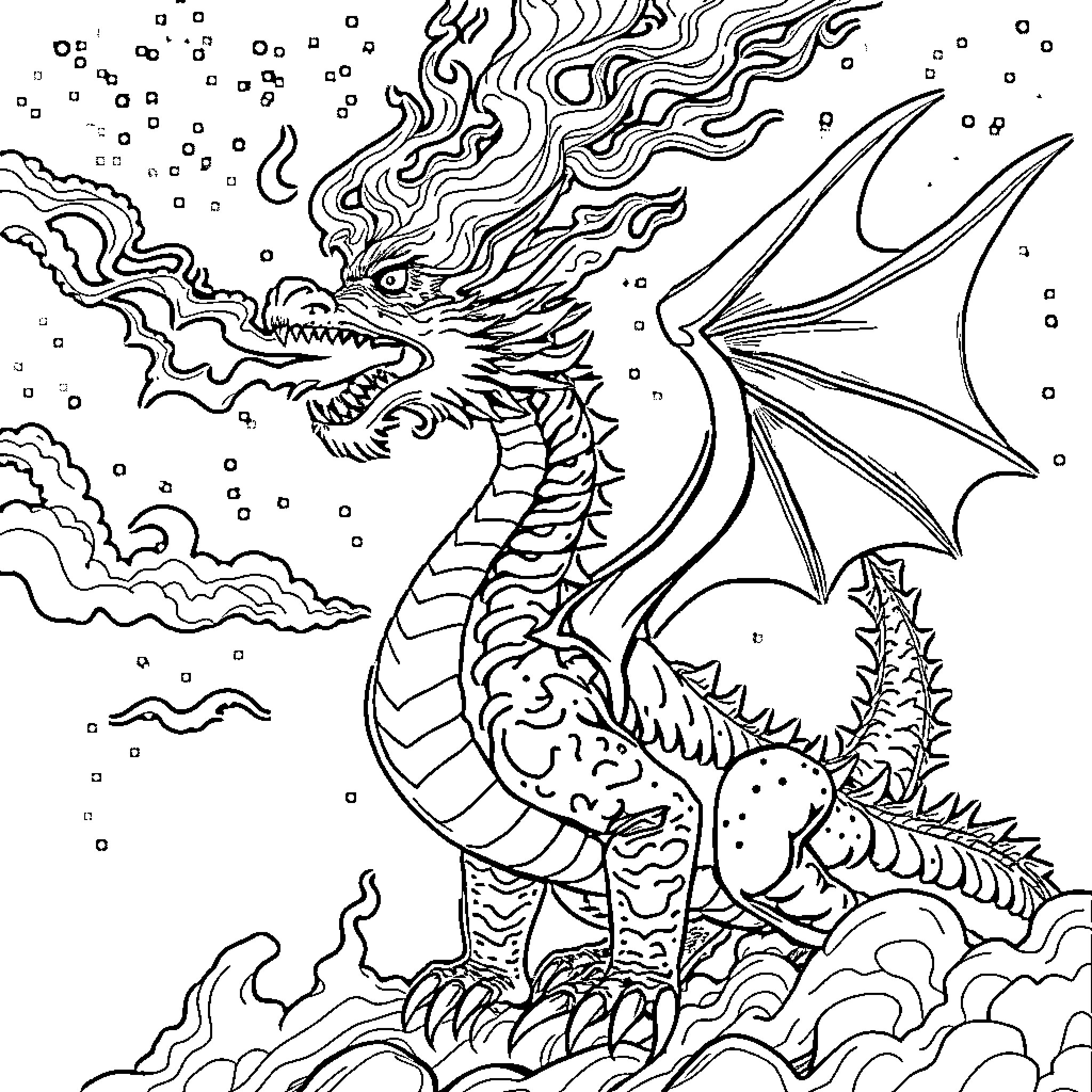 Dragon breathing fire in the sky Coloring Page (free black-and-white line drawing printable PDF for all, from beginners to advanced learners, including children, teens, adults, and seniors)