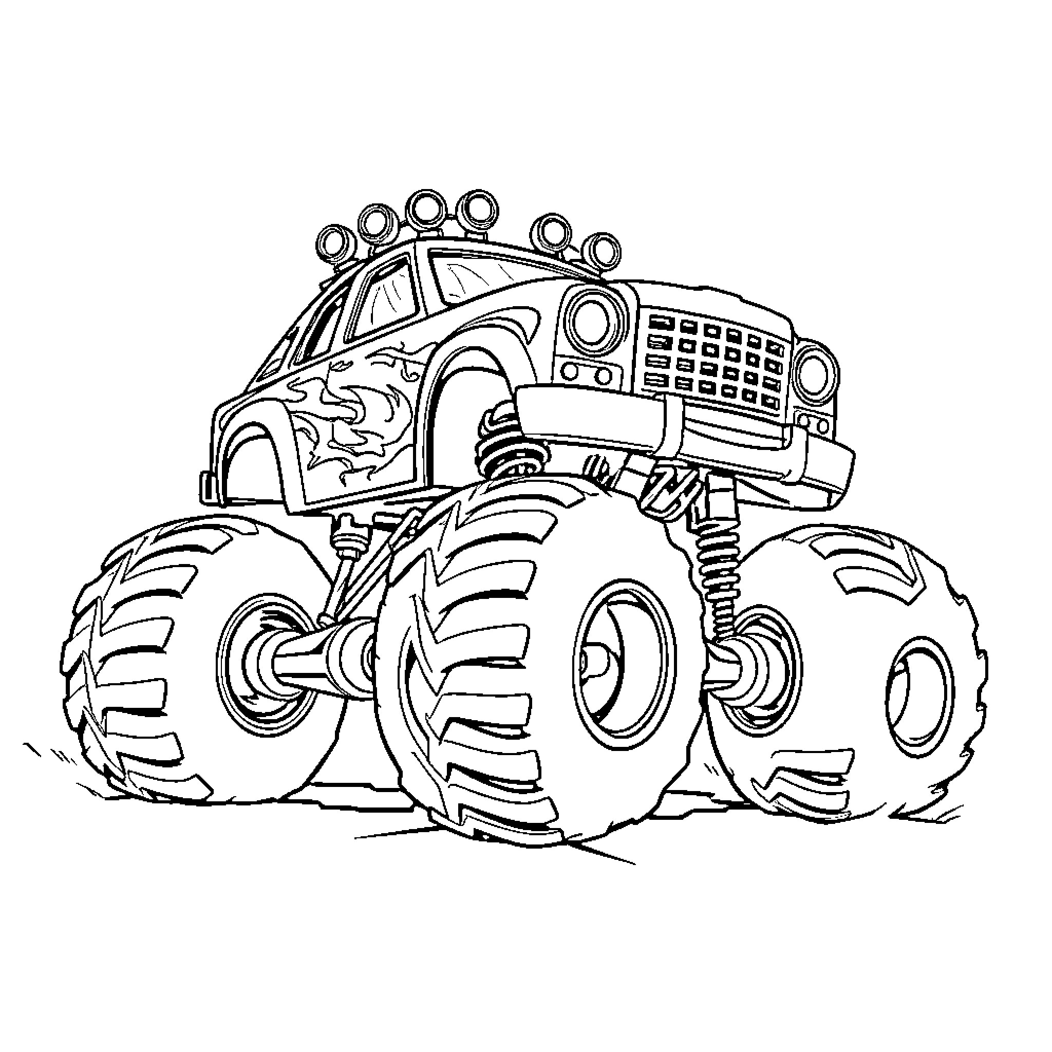 Monster Truck with Powerful Tires and Lights Coloring Page (free black-and-white line drawing printable PDF for all, from beginners to advanced learners, including children, teens, adults, and seniors)