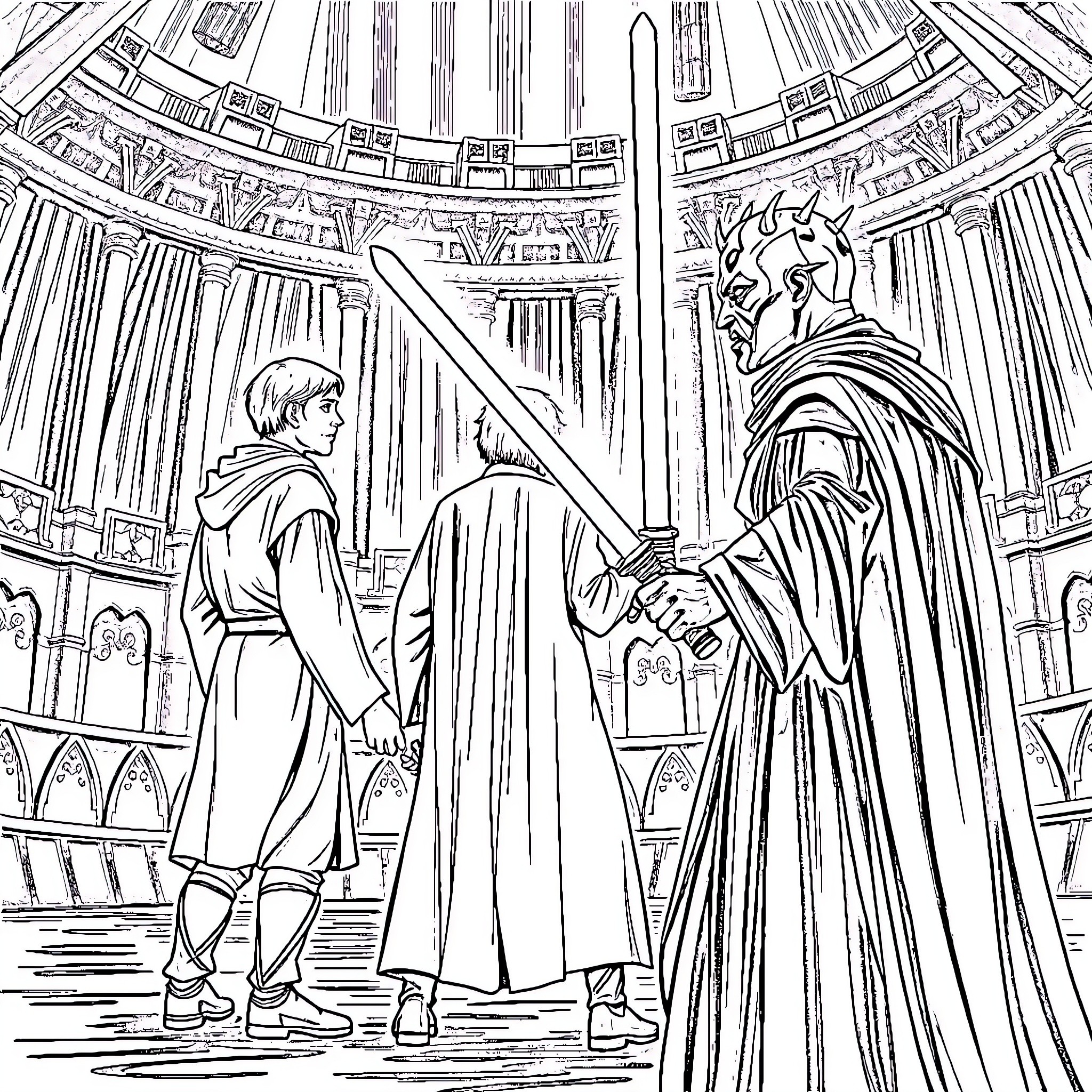 Obi-Wan Confronts a Powerful Force-wielder in a Majestic Hall Coloring Page (free black-and-white line drawing printable PDF for all, from beginners to advanced learners, including children, teens, adults, and seniors)