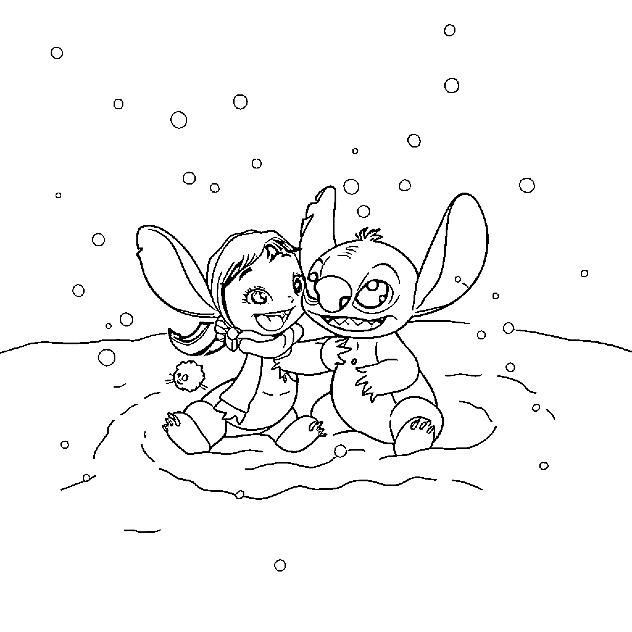 Lilo and Stitch playing together in the snow Coloring Page (free black-and-white line drawing printable PDF for all, from beginners to advanced learners, including children, teens, adults, and seniors)