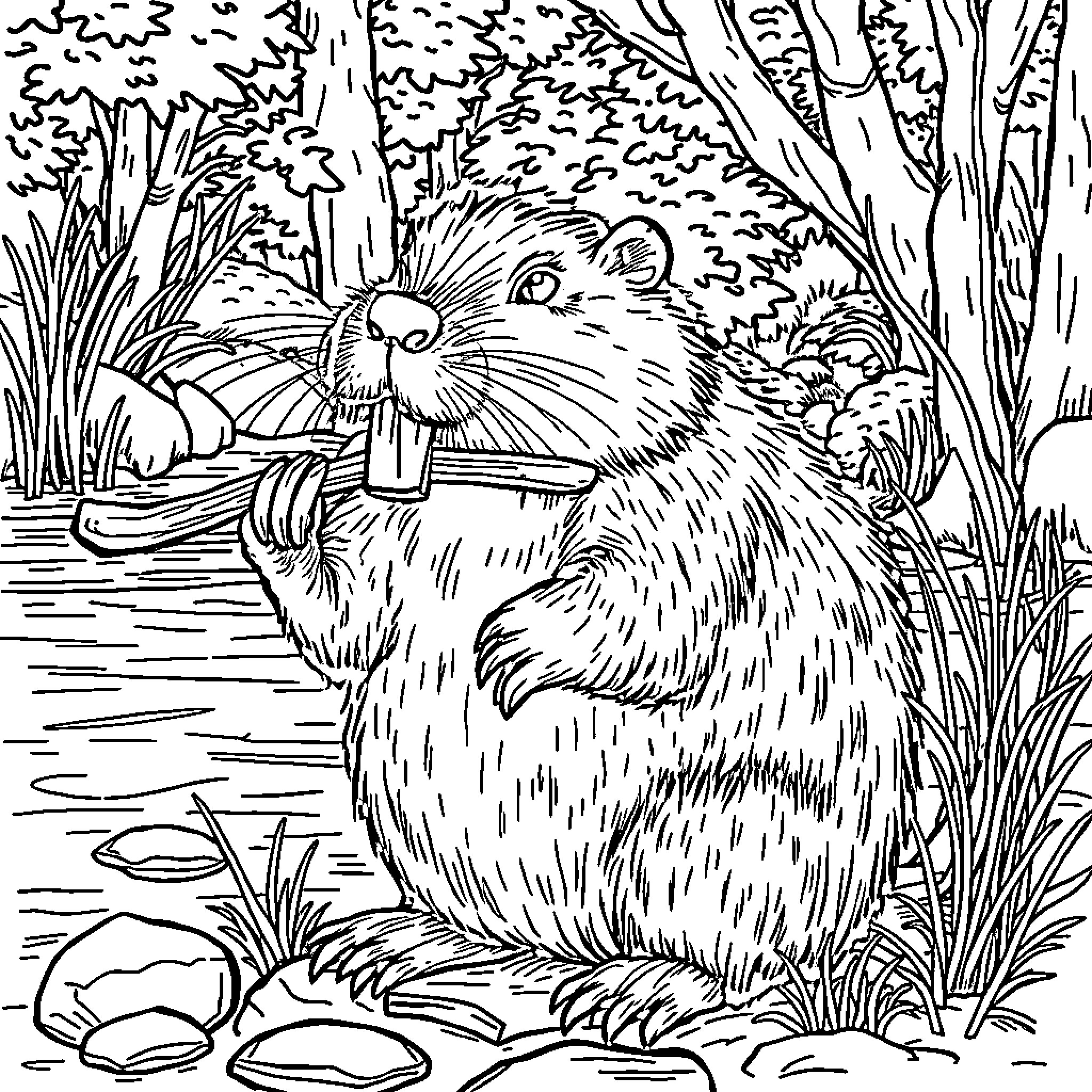 Beaver building a dam in the forest Coloring Page (free black-and-white line drawing printable PDF for all, from beginners to advanced learners, including children, teens, adults, and seniors)