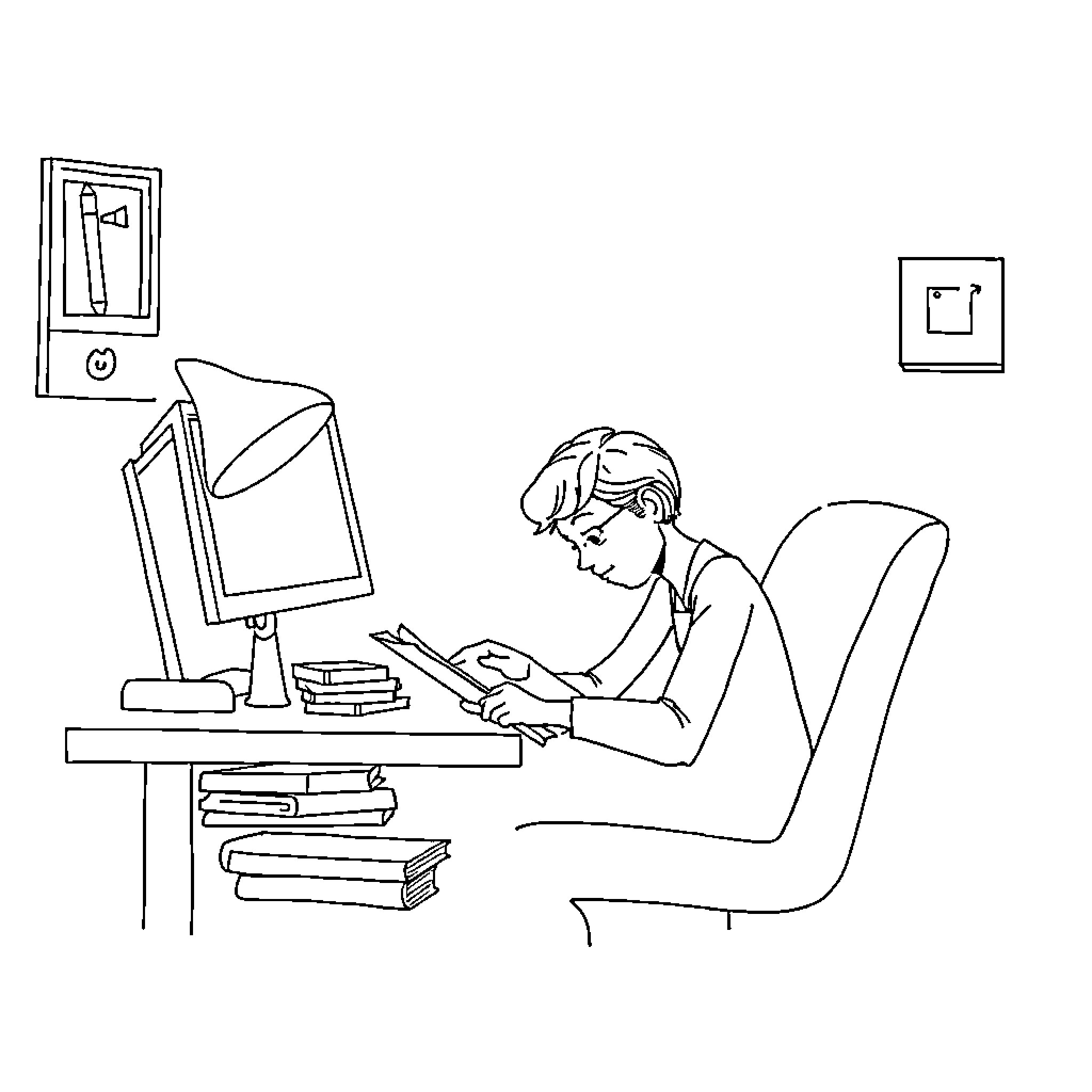 Focus on a person working intently at a desk Coloring Page (free black-and-white line drawing printable PDF for all, from beginners to advanced learners, including children, teens, adults, and seniors)