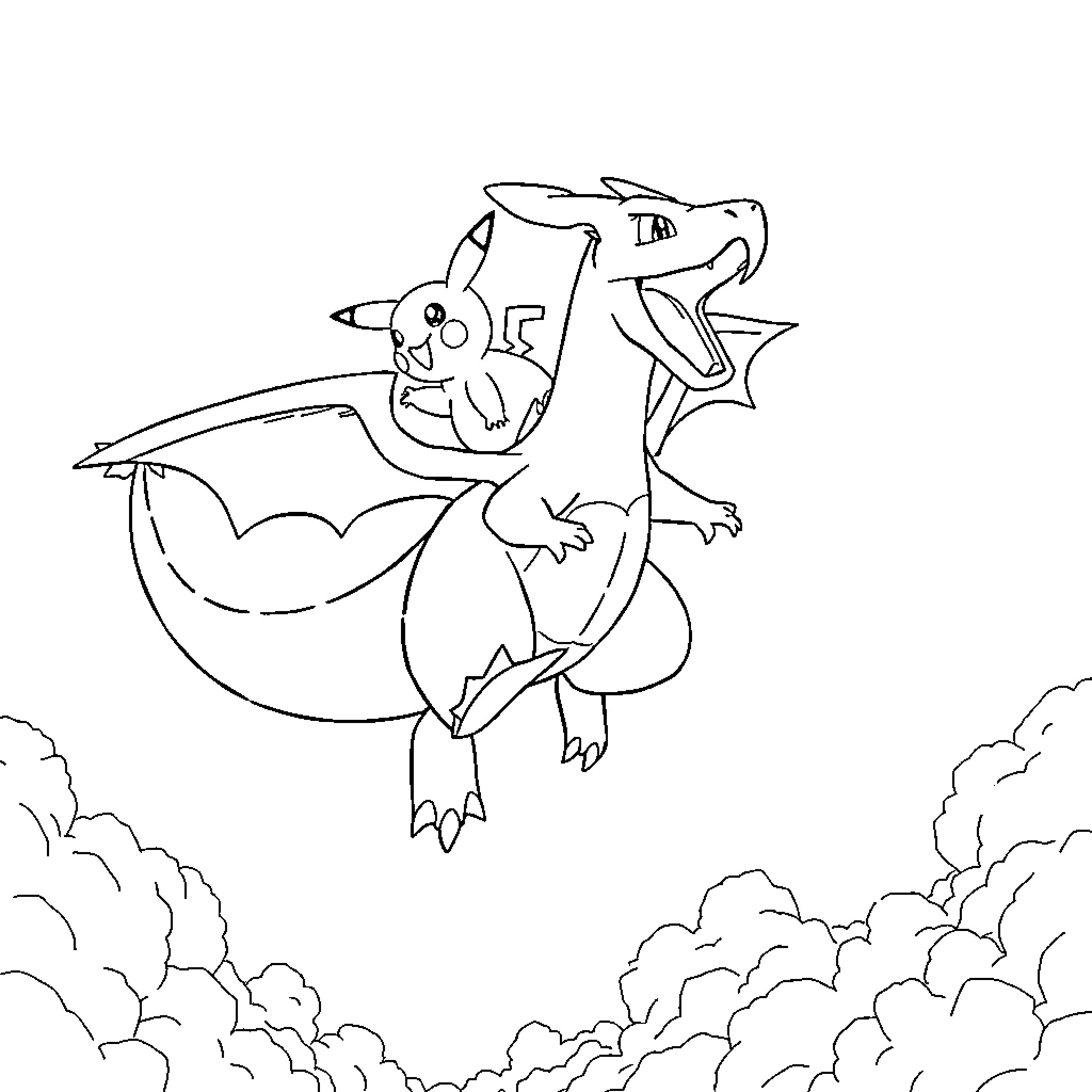 Charizard soaring through clouds with determination Coloring Page (free black-and-white line drawing printable PDF for all, from beginners to advanced learners, including children, teens, adults, and seniors)