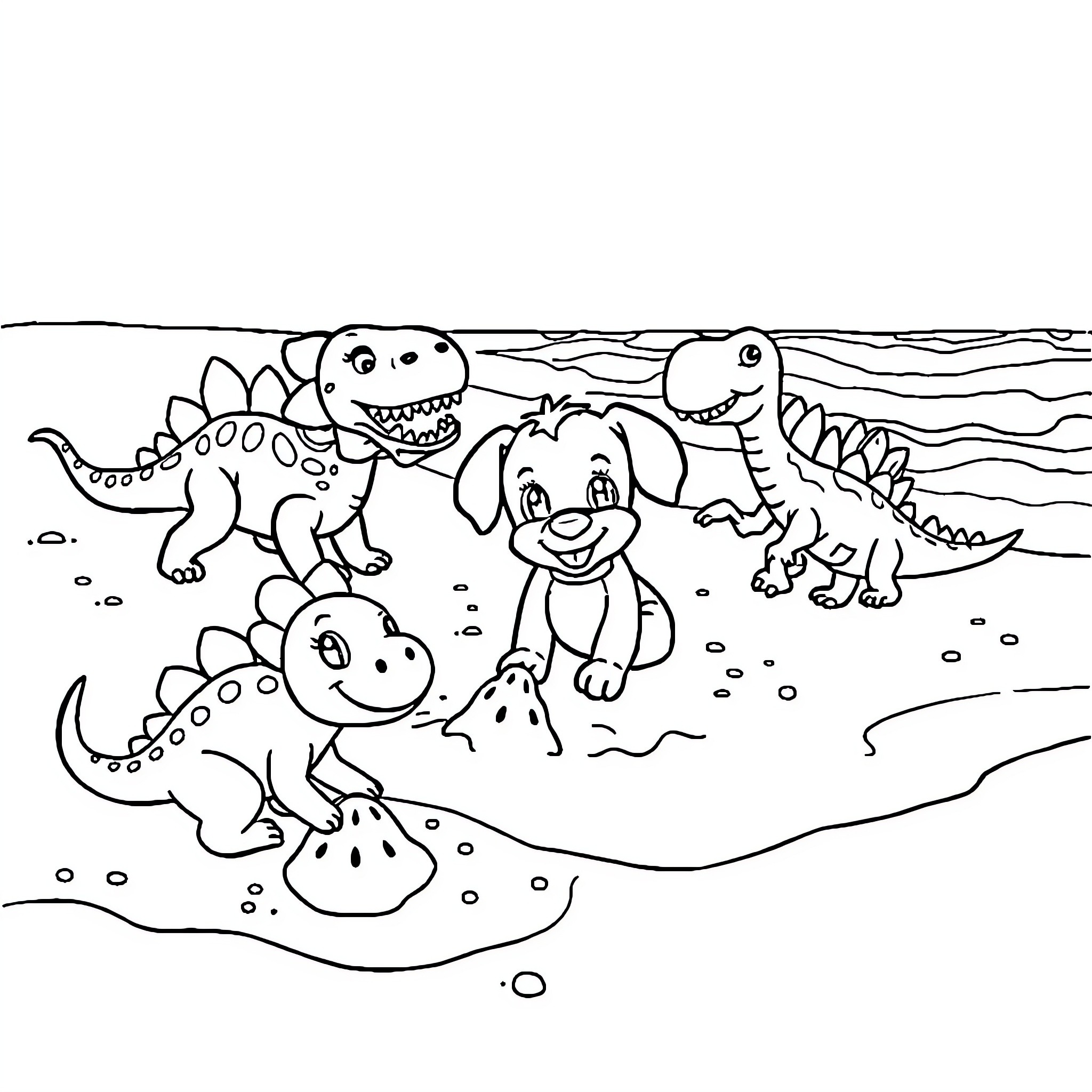 Bluey's Prehistoric Playground: Dinosaurs at Play Coloring Page (free black-and-white line drawing printable PDF for all, from beginners to advanced learners, including children, teens, adults, and seniors)