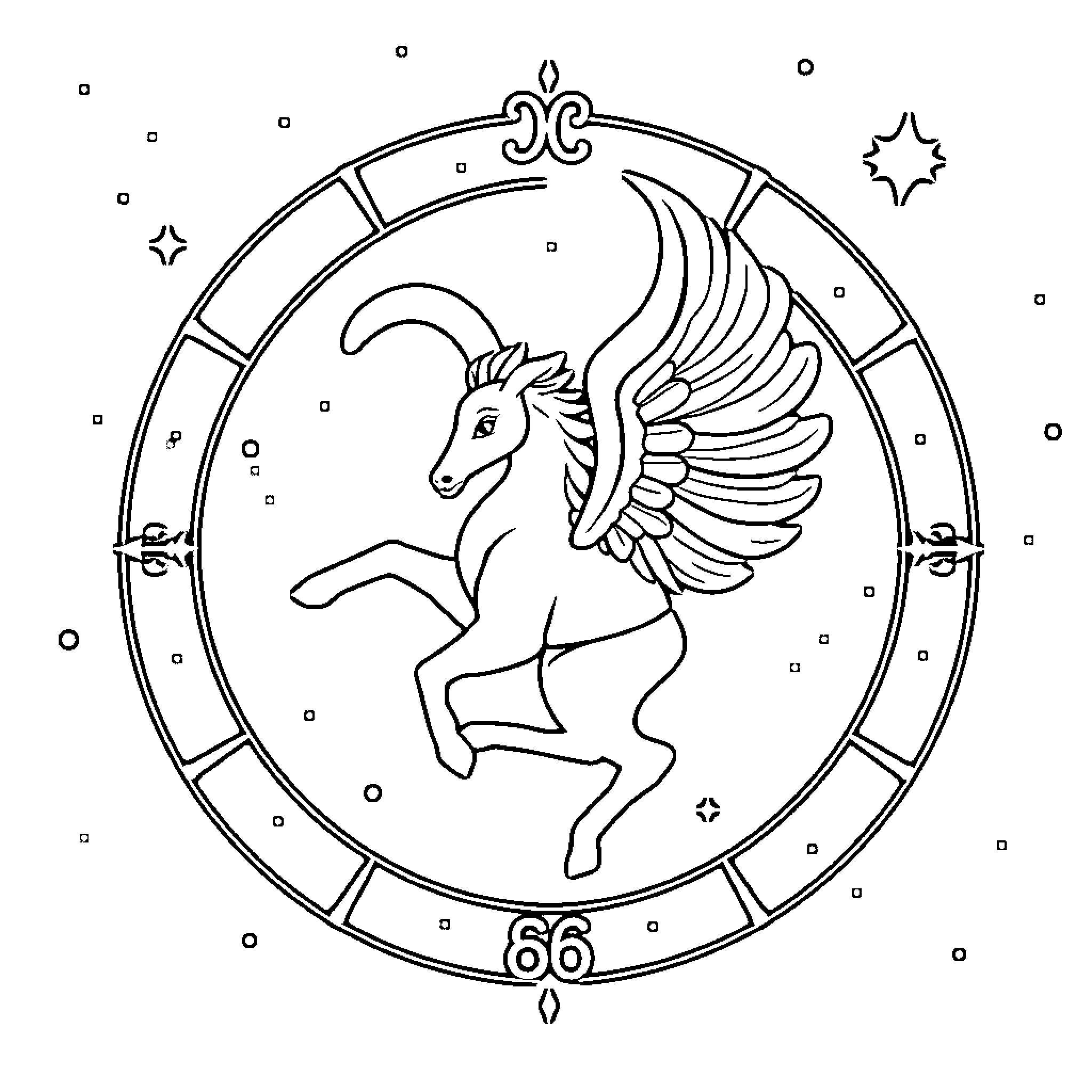 Astrological Sign of Winged Equine Creature Coloring Page (free black-and-white line drawing printable PDF for all, from beginners to advanced learners, including children, teens, adults, and seniors)