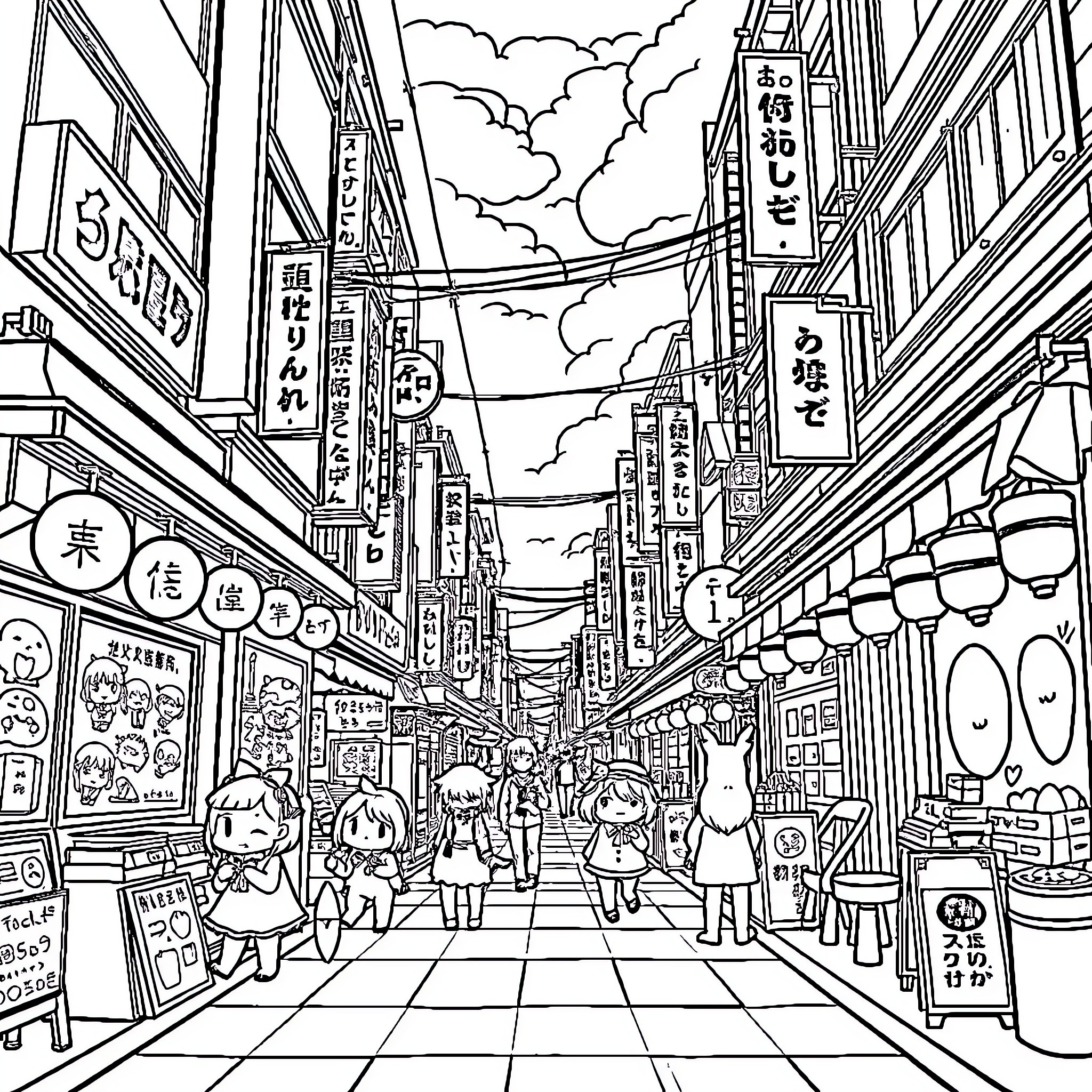 Tokyo Meumeu: Vibrant Street Scene with Quirky Characters Coloring Page (free black-and-white line drawing printable PDF for all, from beginners to advanced learners, including children, teens, adults, and seniors)