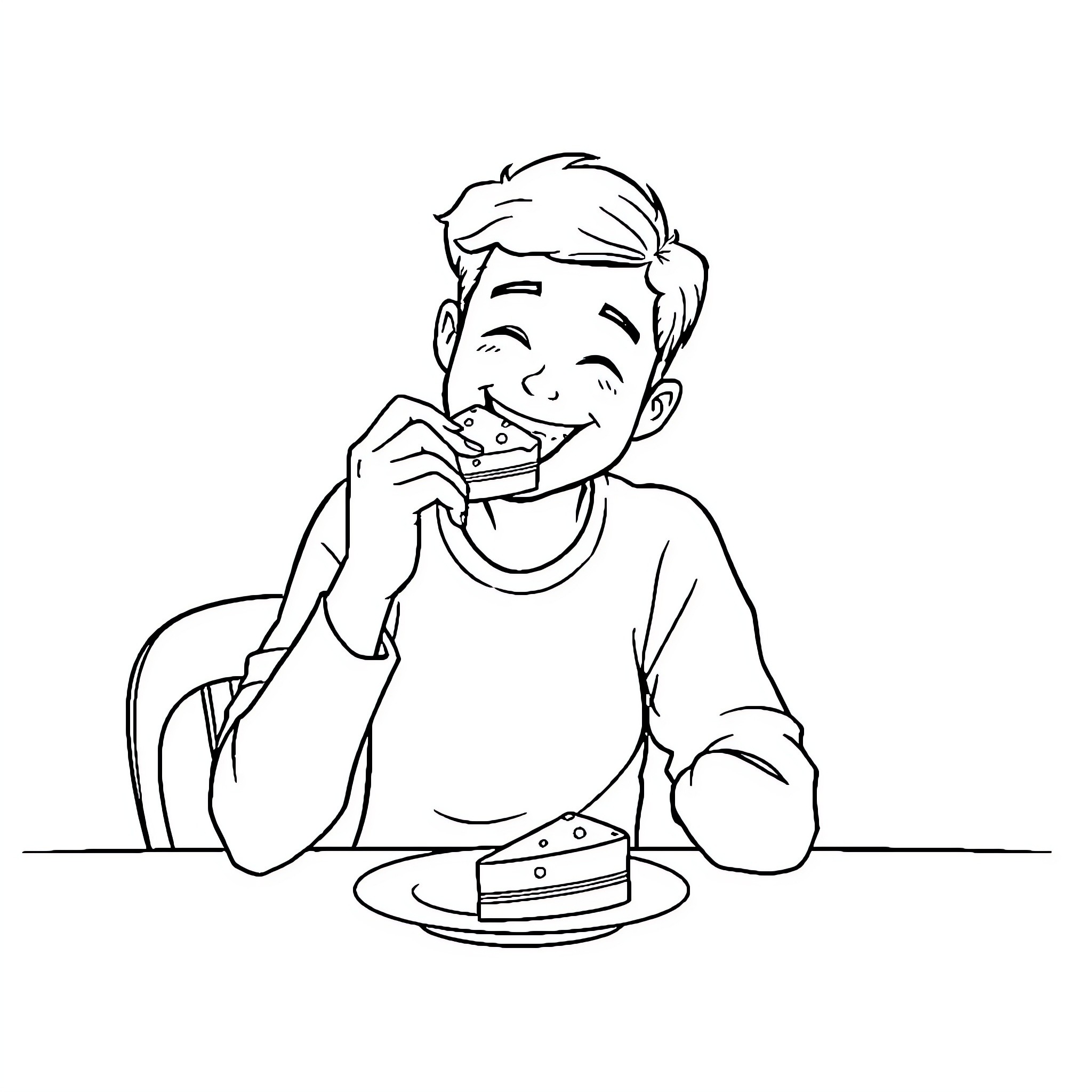 Person enjoying a slice of cake Coloring Page (free black-and-white line drawing printable PDF for all, from beginners to advanced learners, including children, teens, adults, and seniors)