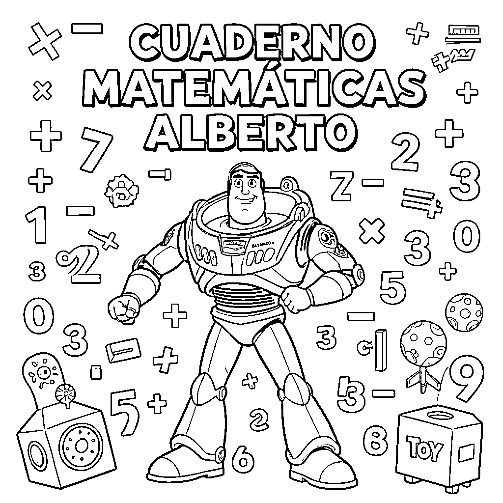 Buzz Lightyear standing confidently surrounded by mathematical symbols Coloring Page (free black-and-white line drawing printable PDF for all, from beginners to advanced learners, including children, teens, adults, and seniors)