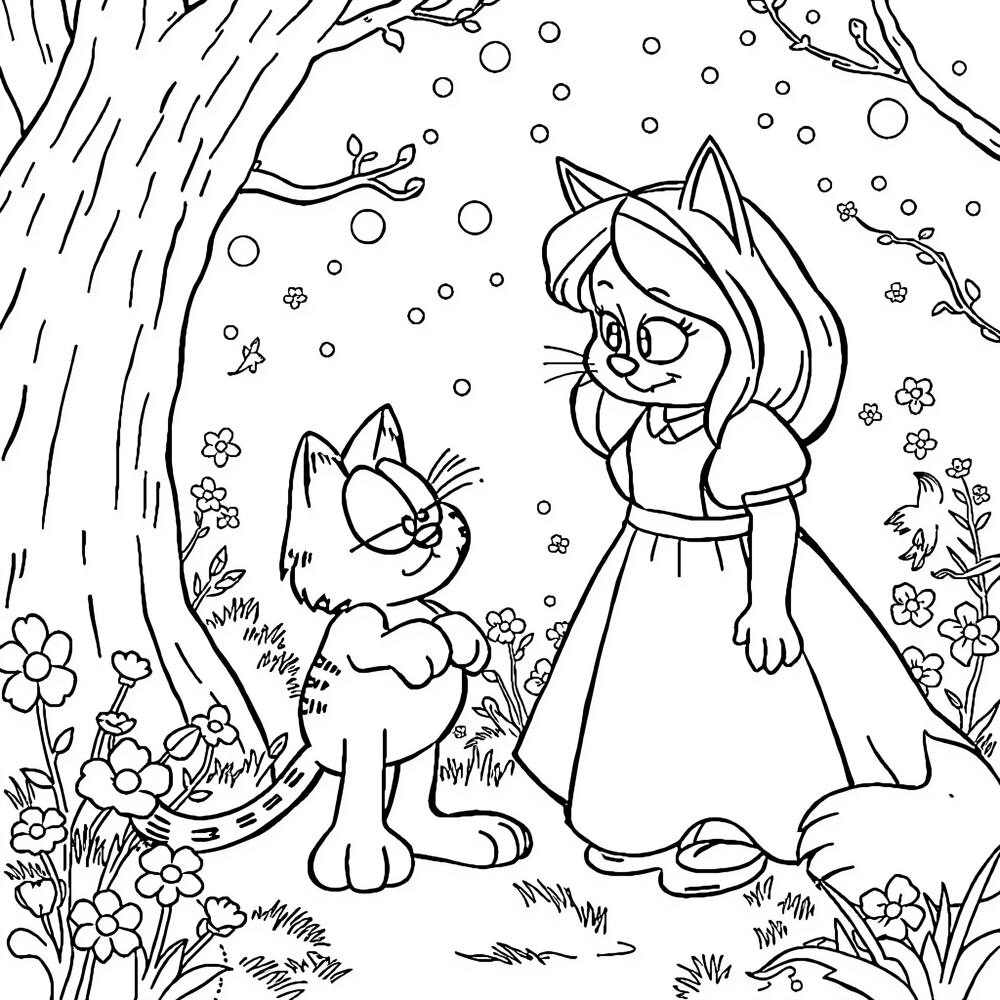 Cats exploring a snowy forest scene Coloring Page (free black-and-white line drawing printable PDF for all, from beginners to advanced learners, including children, teens, adults, and seniors)