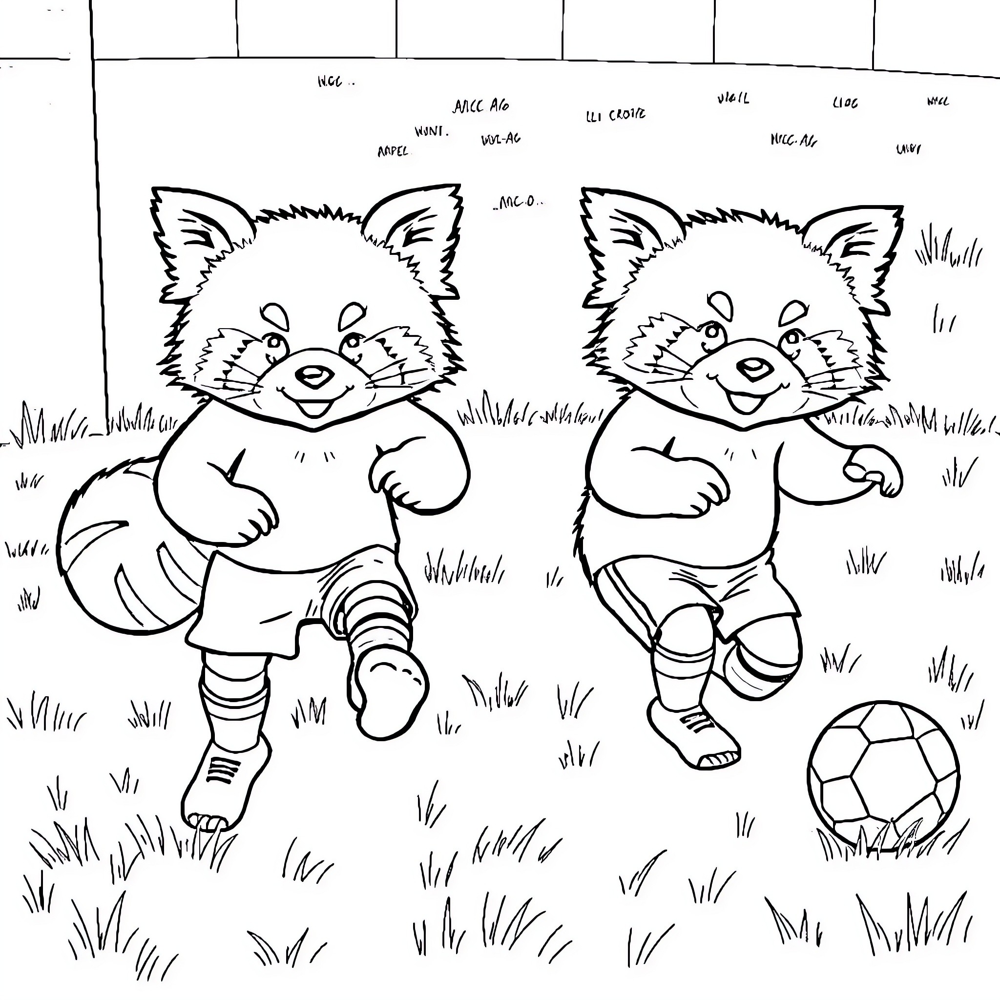 Red Panda playing with soccer ball in field Coloring Page (free black-and-white line drawing printable PDF for all, from beginners to advanced learners, including children, teens, adults, and seniors)
