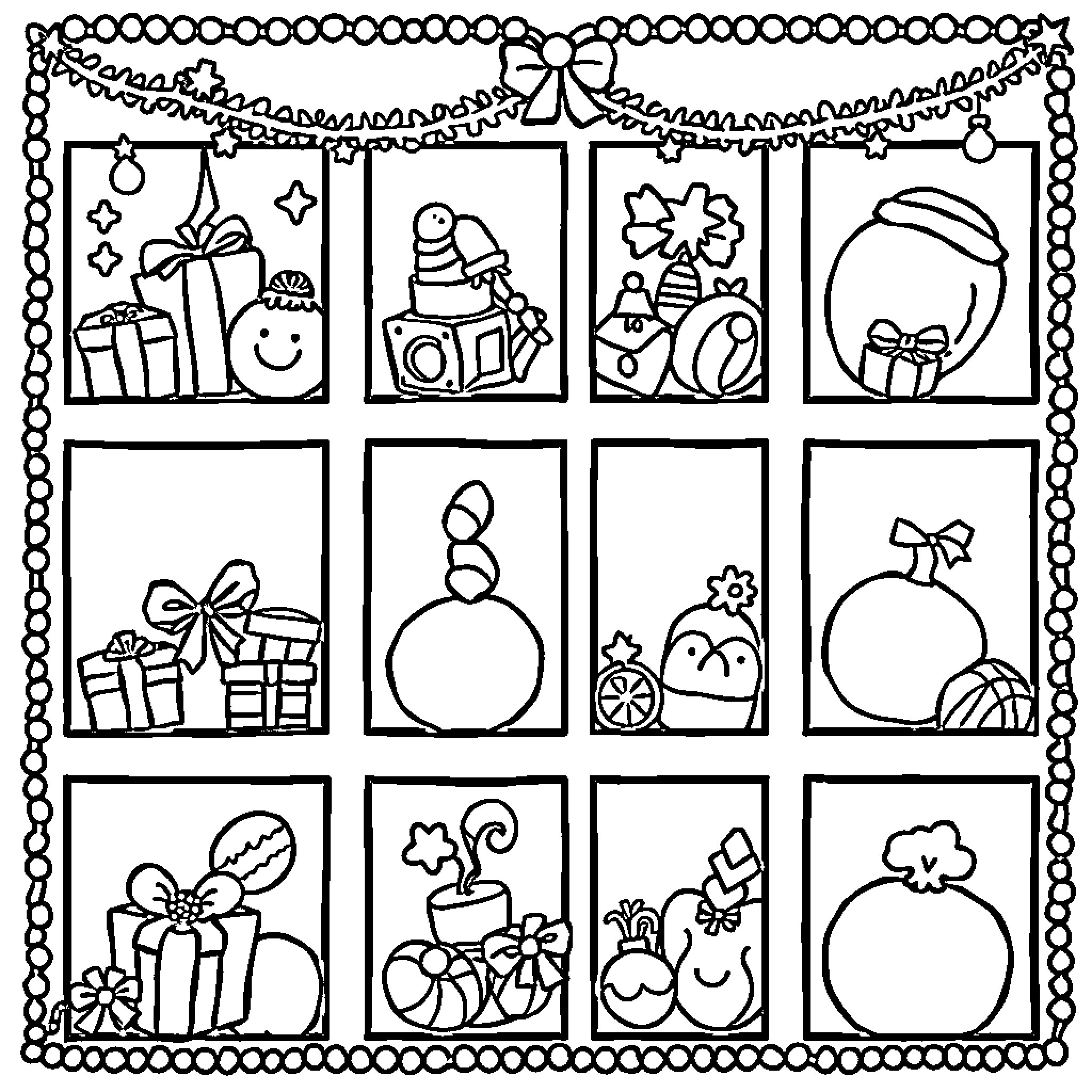 Christmas-Themed Coloring Book Squares Coloring Page (free black-and-white line drawing printable PDF for all, from beginners to advanced learners, including children, teens, adults, and seniors)