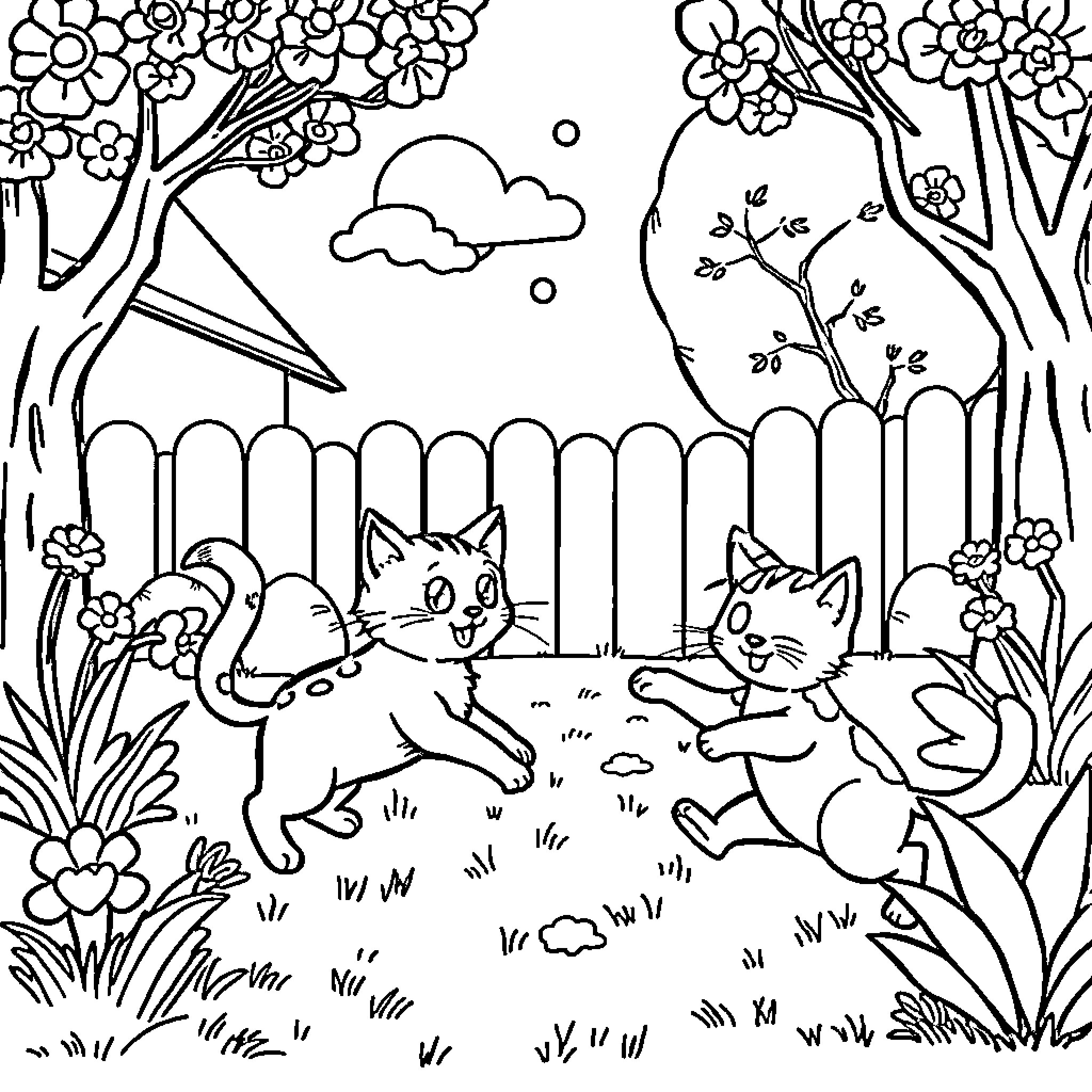 Cats playfully exploring floral garden Coloring Page (free black-and-white line drawing printable PDF for all, from beginners to advanced learners, including children, teens, adults, and seniors)