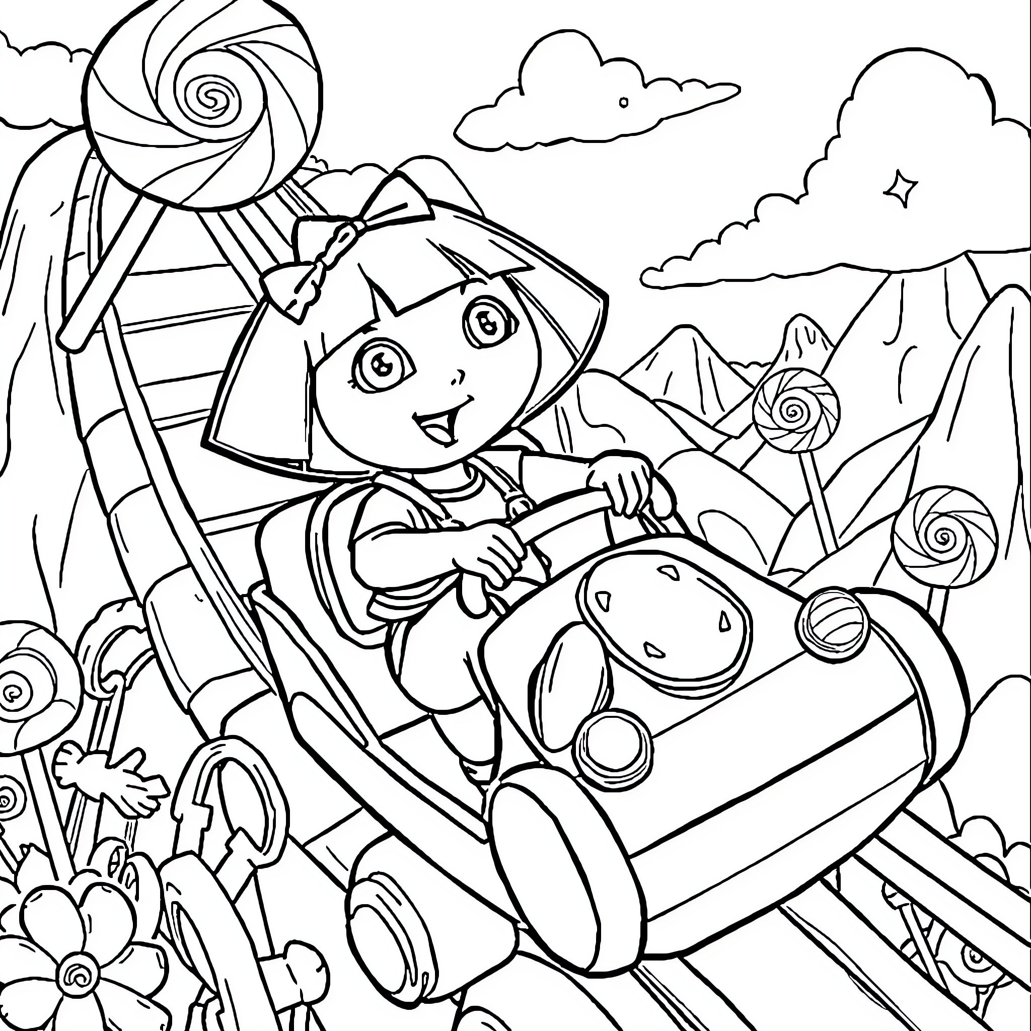 Dora's Adventurous Ride on a Colorful Wagon Coloring Page (free black-and-white line drawing printable PDF for all, from beginners to advanced learners, including children, teens, adults, and seniors)