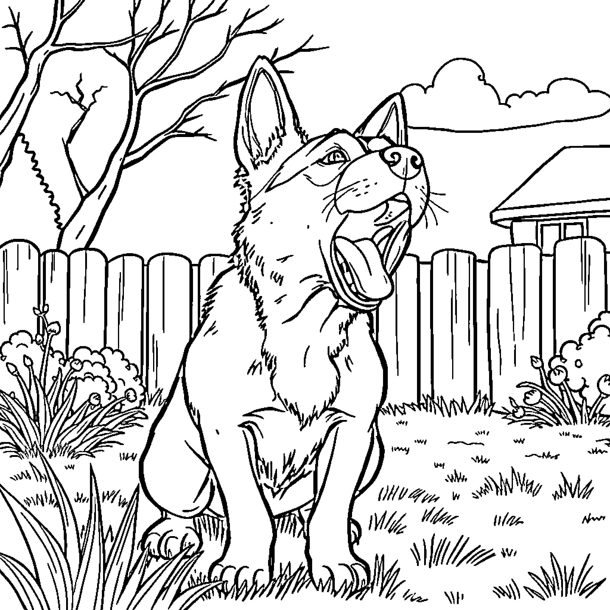 Dog barking happily in the backyard Coloring Page (free black-and-white line drawing printable PDF for all, from beginners to advanced learners, including children, teens, adults, and seniors)