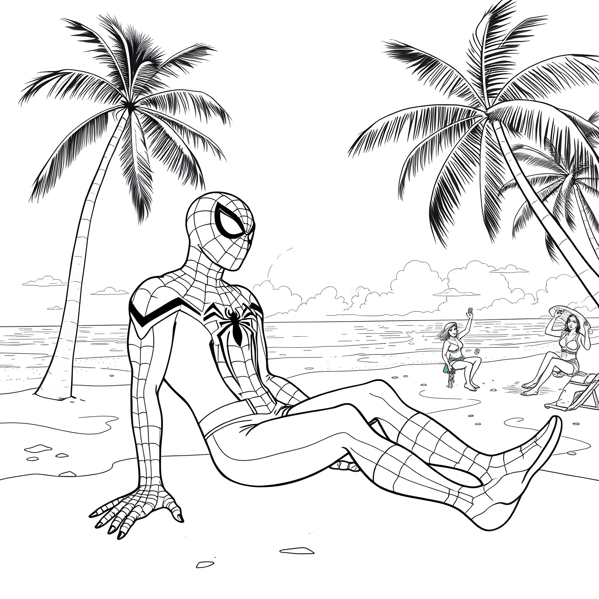 Spider-Man relaxing on the beach with palm trees Coloring Page (free black-and-white line drawing printable PDF for all, from beginners to advanced learners, including children, teens, adults, and seniors)