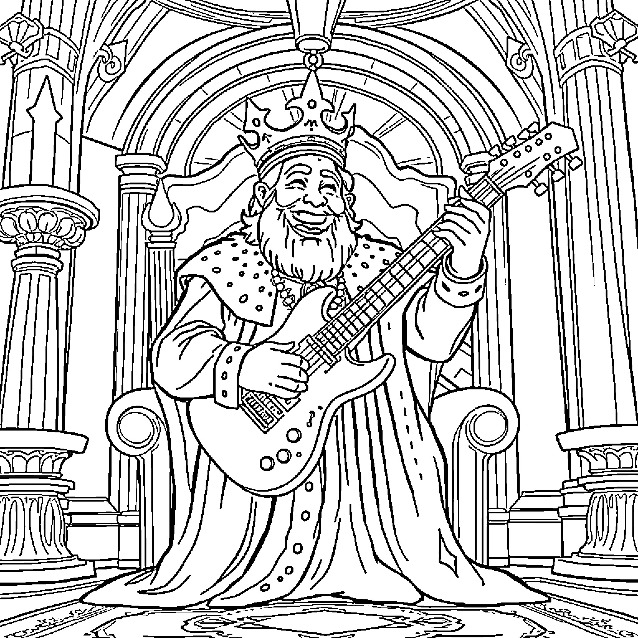 King playing a guitar in a grand, ornate chamber Coloring Page (free black-and-white line drawing printable PDF for all, from beginners to advanced learners, including children, teens, adults, and seniors)