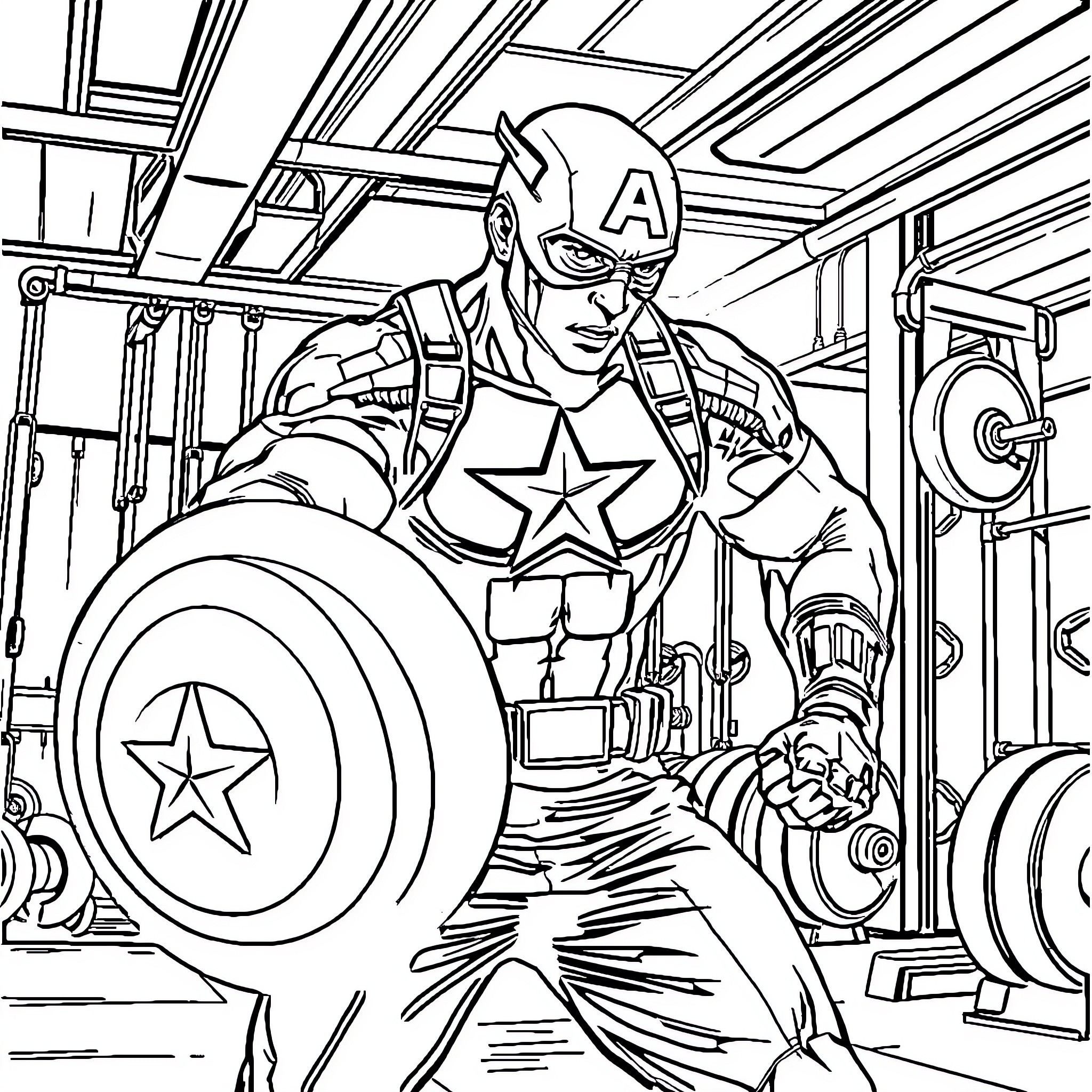 Captain America Heroically Stands in Action-Packed Gym Setting Coloring Page (free black-and-white line drawing printable PDF for all, from beginners to advanced learners, including children, teens, adults, and seniors)