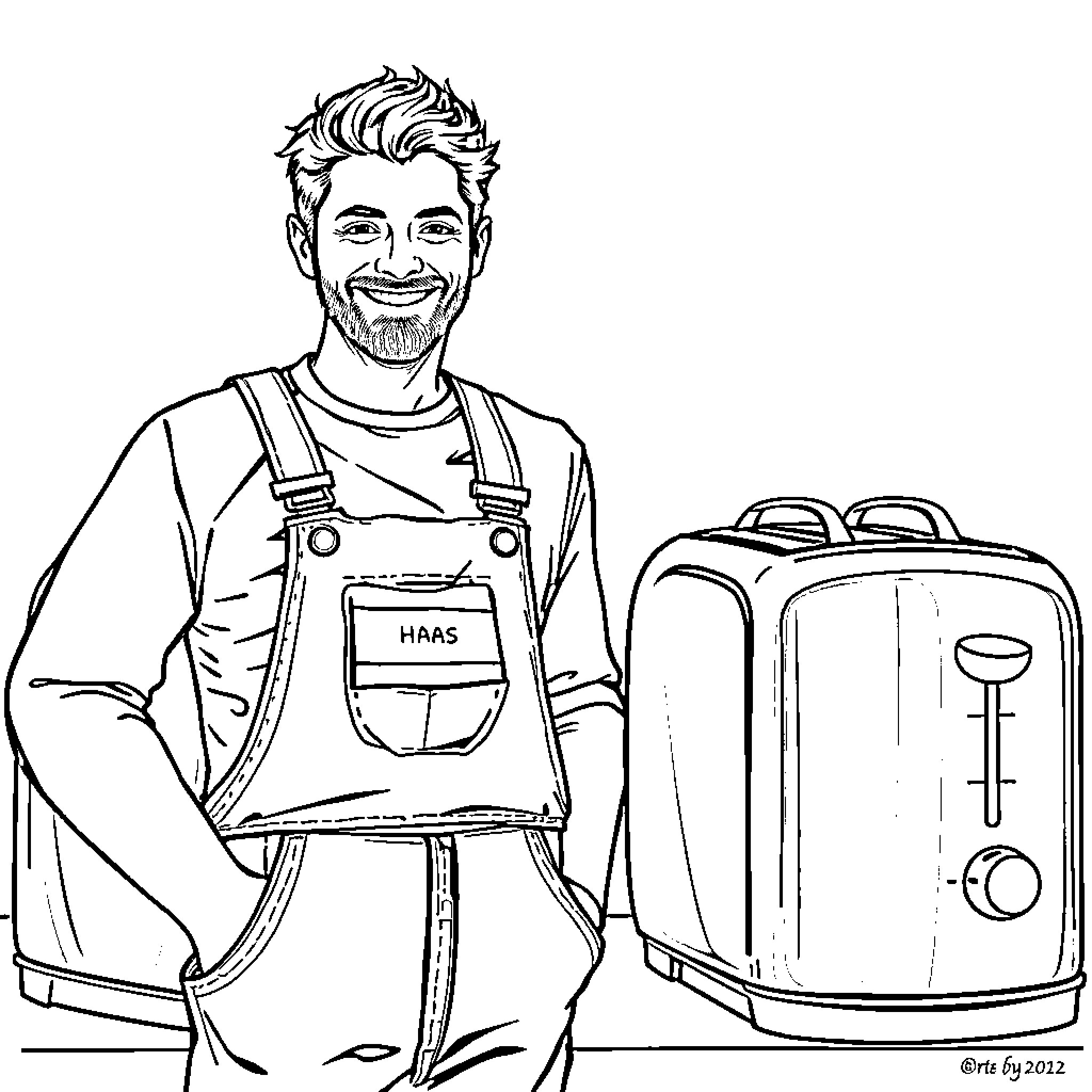 Romain Grosjean, a smiling mechanic with his work equipment Coloring Page (free black-and-white line drawing printable PDF for all, from beginners to advanced learners, including children, teens, adults, and seniors)