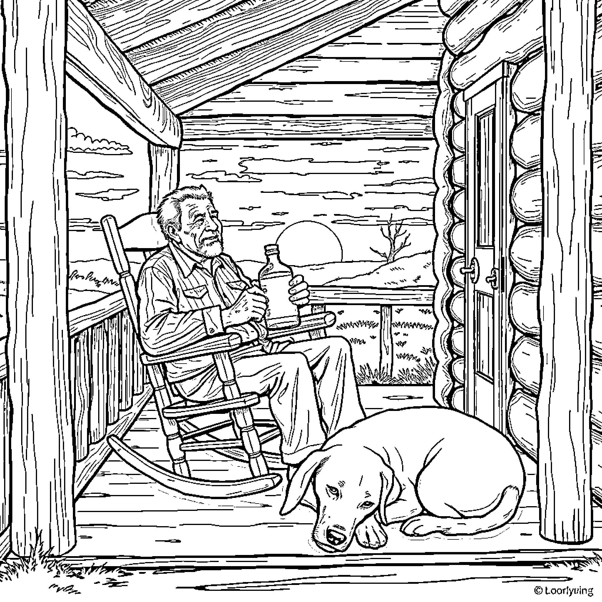Man relaxing on porch with his loyal dog Coloring Page (free black-and-white line drawing printable PDF for all, from beginners to advanced learners, including children, teens, adults, and seniors)