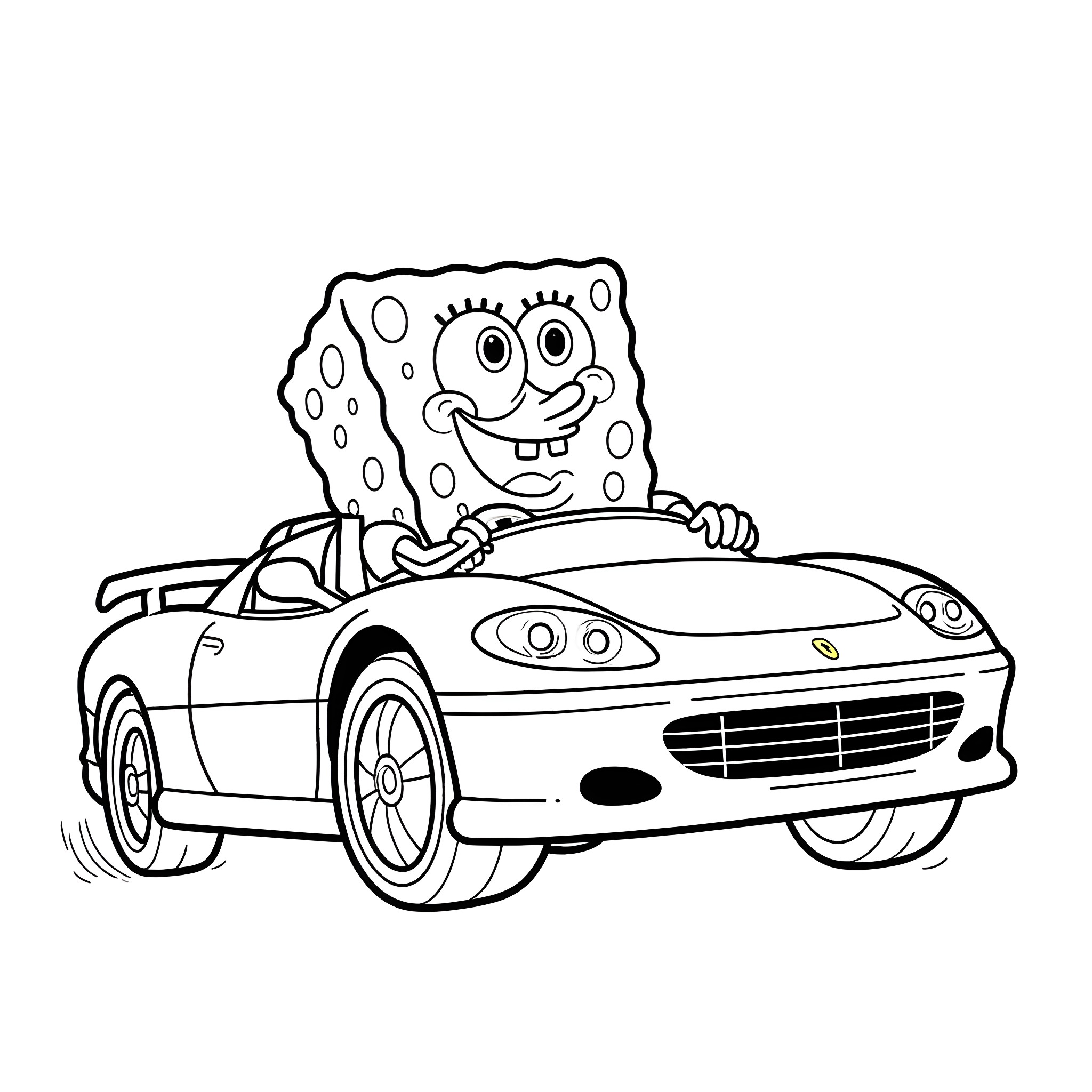 Spongebob driving a sports car Coloring Page (free black-and-white line drawing printable PDF for all, from beginners to advanced learners, including children, teens, adults, and seniors)