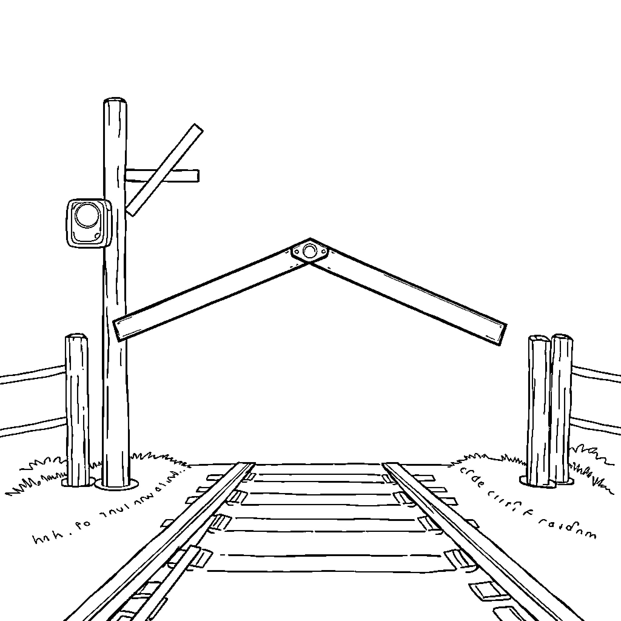 Railroad Crossing with Minimal Structures Coloring Page (free black-and-white line drawing printable PDF for all, from beginners to advanced learners, including children, teens, adults, and seniors)