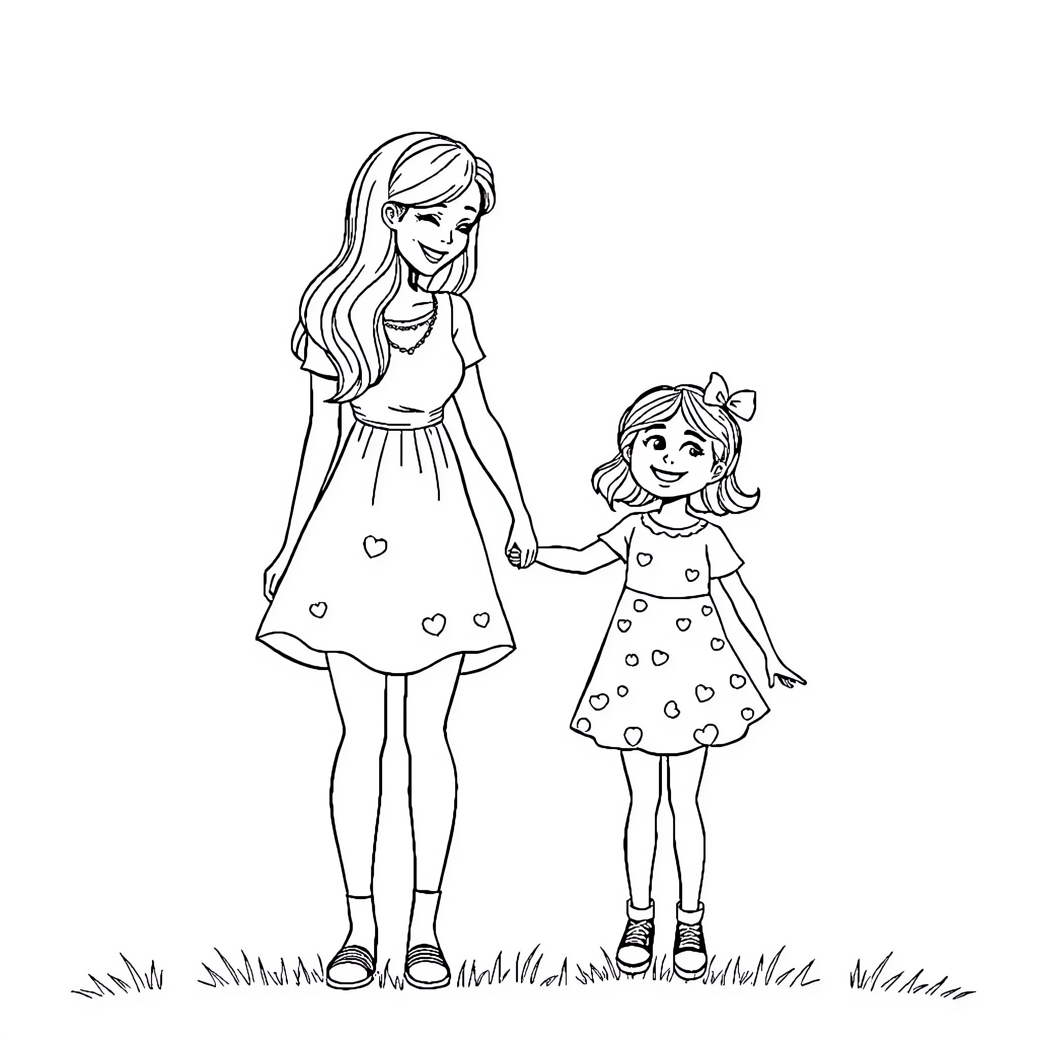 Mommy and daughter enjoying a walk together Coloring Page (free black-and-white line drawing printable PDF for all, from beginners to advanced learners, including children, teens, adults, and seniors)