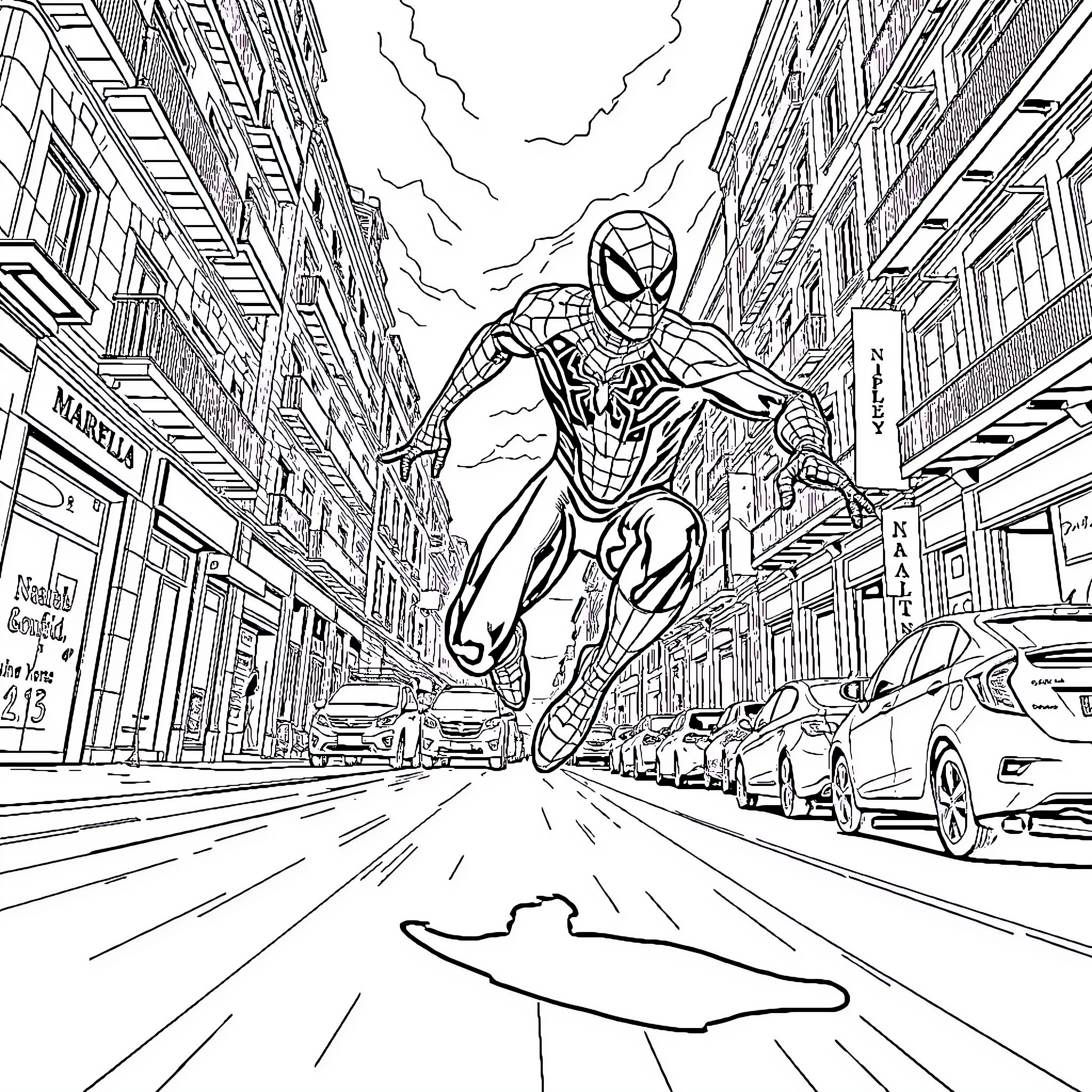 Spiderman swinging through the city streets Coloring Page (free black-and-white line drawing printable PDF for all, from beginners to advanced learners, including children, teens, adults, and seniors)
