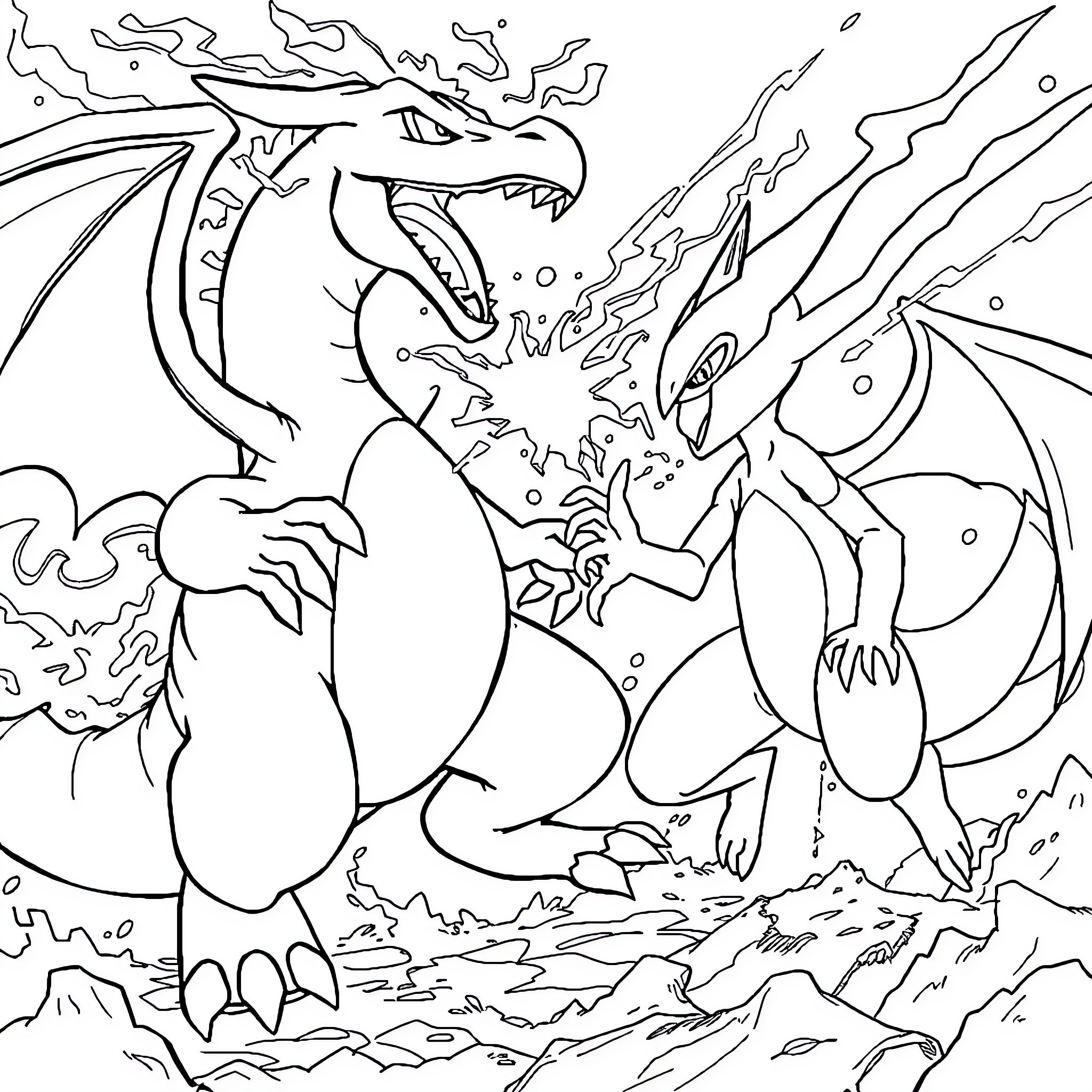 Pokémon dragon in fierce battle mode Coloring Page (free black-and-white line drawing printable PDF for all, from beginners to advanced learners, including children, teens, adults, and seniors)